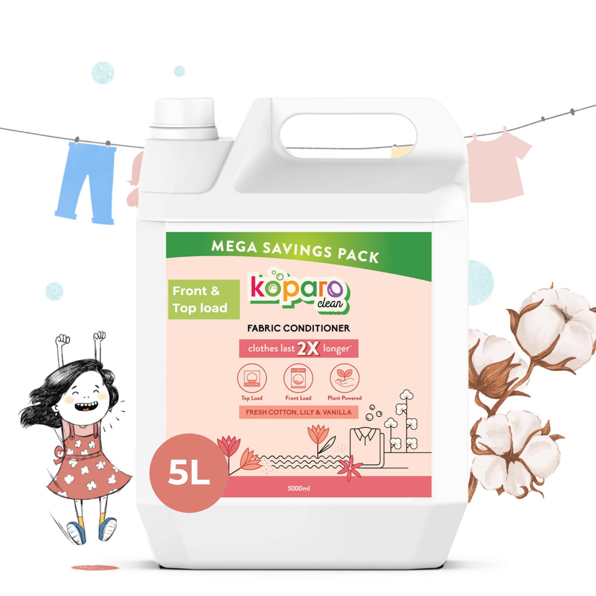 Koparo Natural Fabric Conditioner & Softener Liquid|5 Litres|Lily & Vanilla|Organic, Eco Friendly & Non Toxic|Top Load & Front Load|Protects Shine & Safe For Baby Clothes