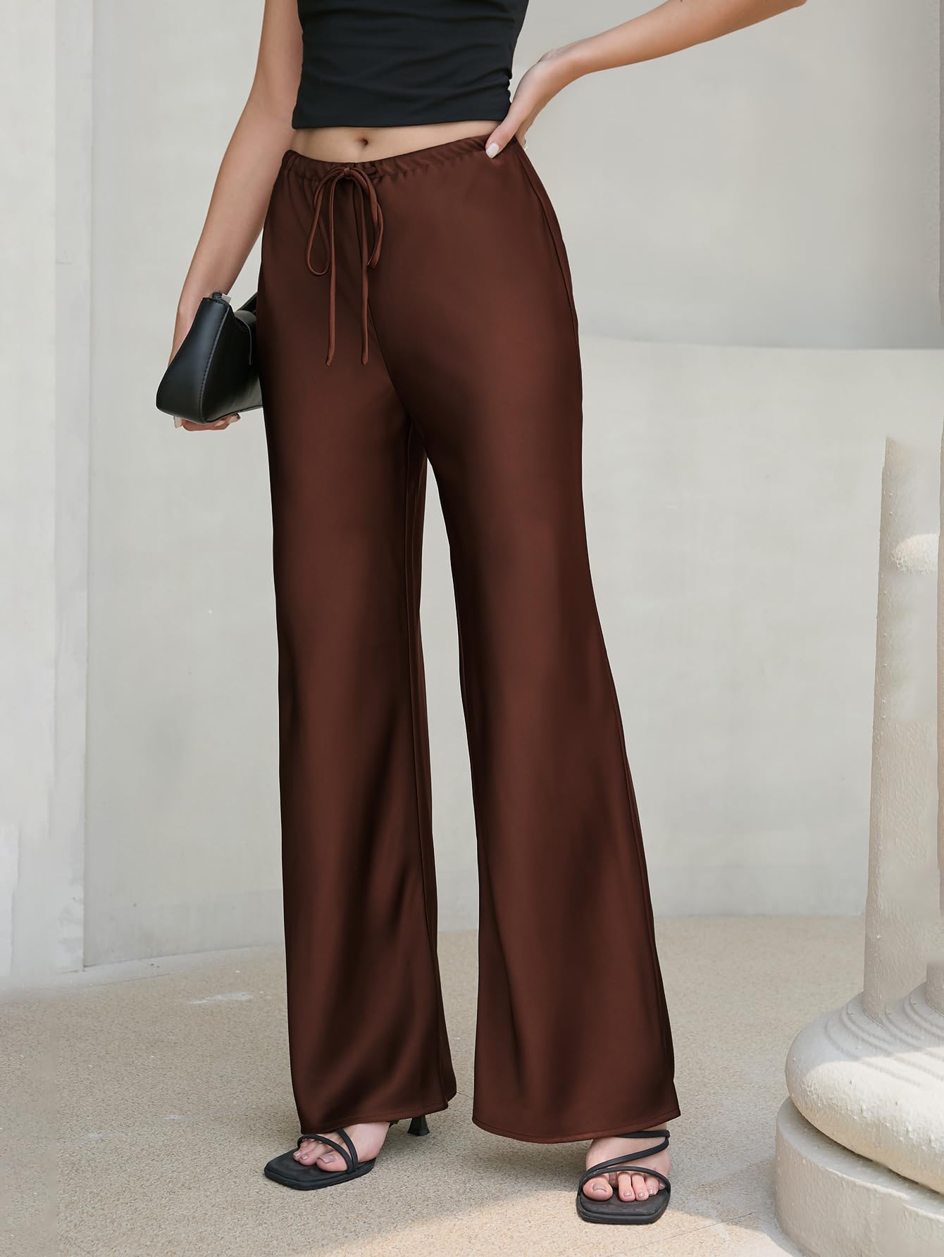 Pantaloni da donna in raso a gamba larga a vita alta elegante casual fluidi pantaloni a palazzo per ufficio lavoro