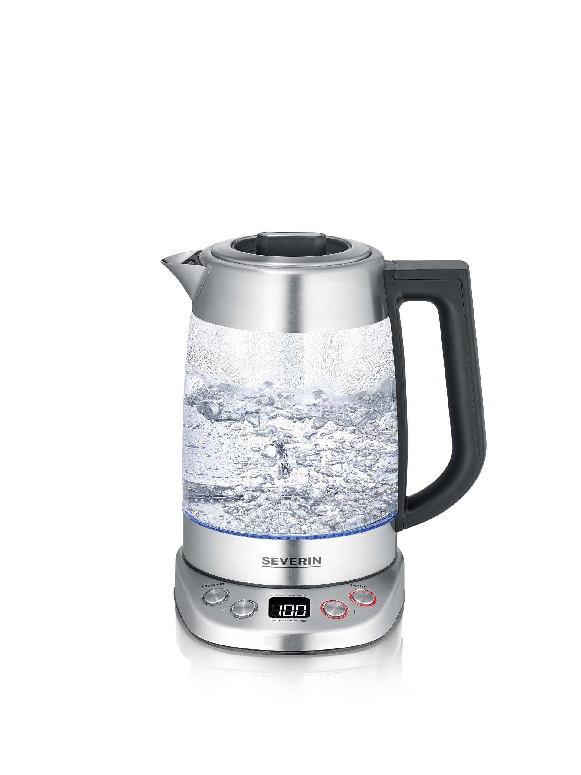 SEVERIN - Tetera y hervidor de vidrio deluxe con capacidad: 1,7 litros de agua, 1,5 litros de té, 3000 W Acero Inoxidable/Vidrio WK 3480
