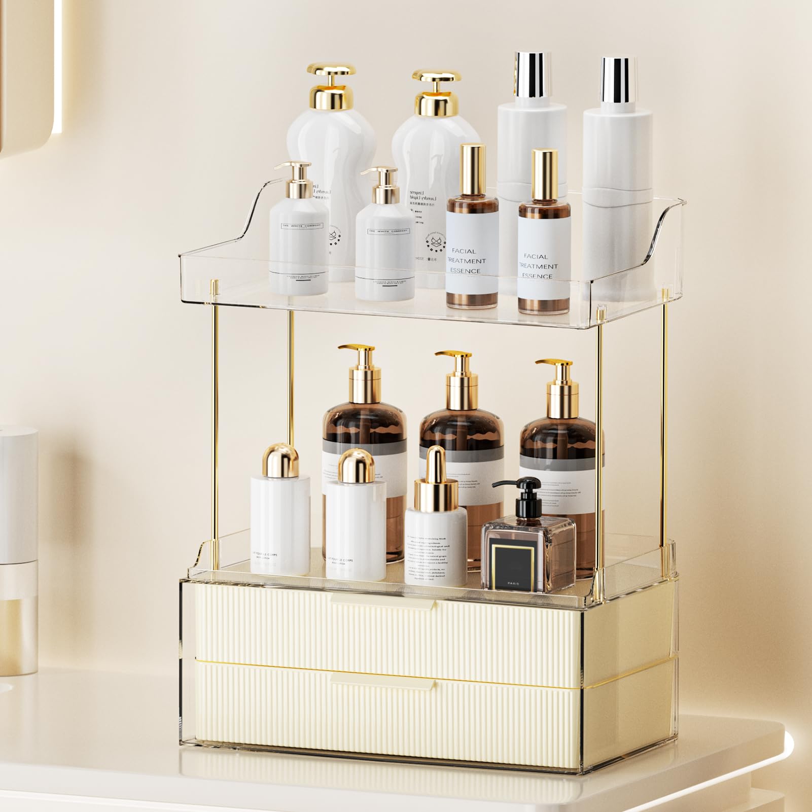 shuang qing 2-Tier 2-Drawer Bathroom Countertop Organizer, Skin Care Large Organizer, Multi-Purpose Makeup Storage Rack for Vanity, Cosmetic Counter Organizer (Cloud White)