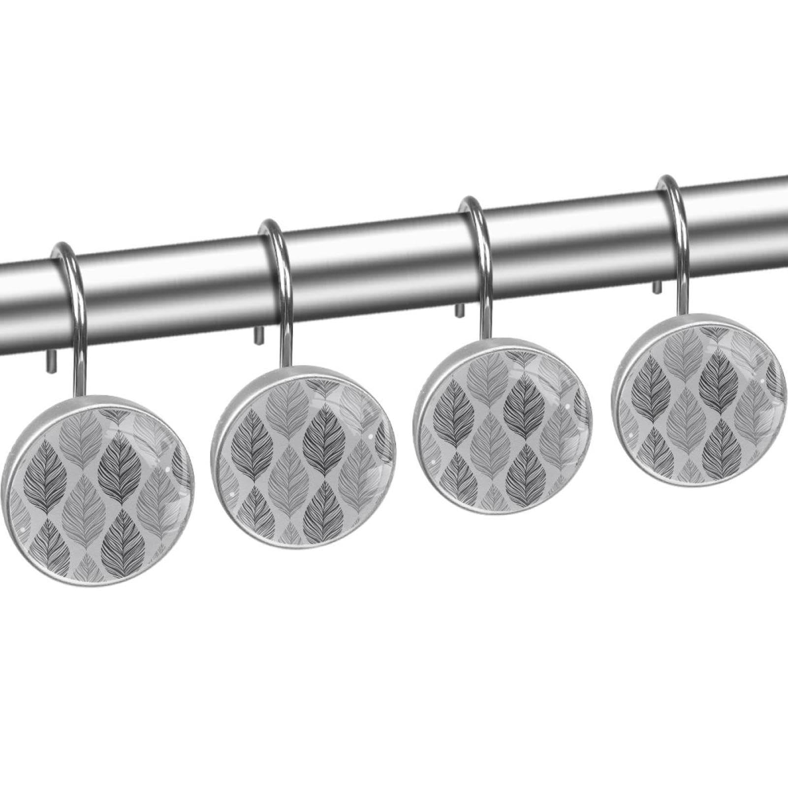 Gray Leaves Texture Geometric Pattern 12 Pack Shower Curtain Hooks Decorative Shower Curtain Hook and Ring Set ABS Resin Anti-Rust Bathroom Curtain Rings