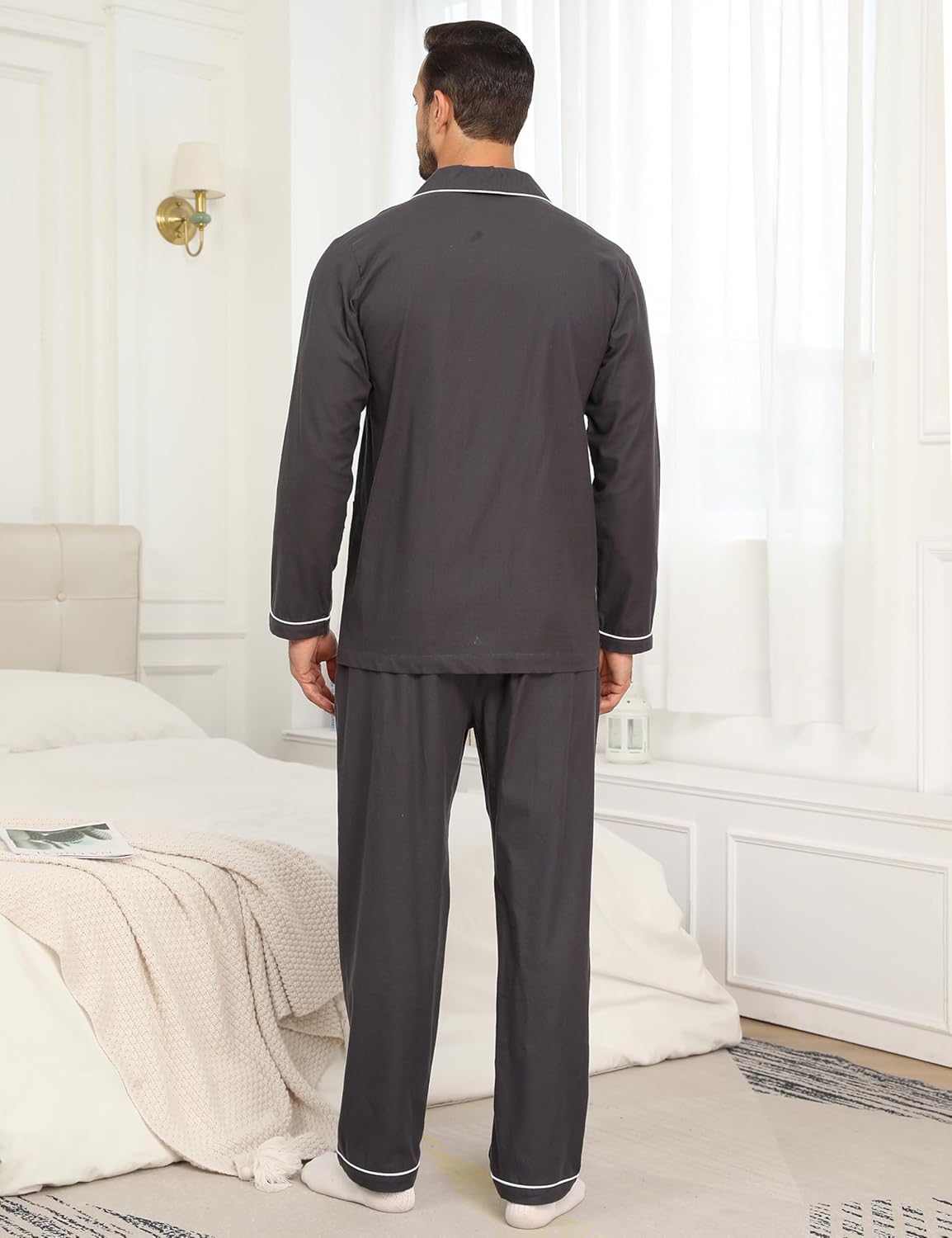 MoFiz Mens Pajama Set Soft Cotton Button Down Notched Collar Pjs Long Sleeve 2 Piece Sleepwear Lounge Nightwear with Pocket - Image 3