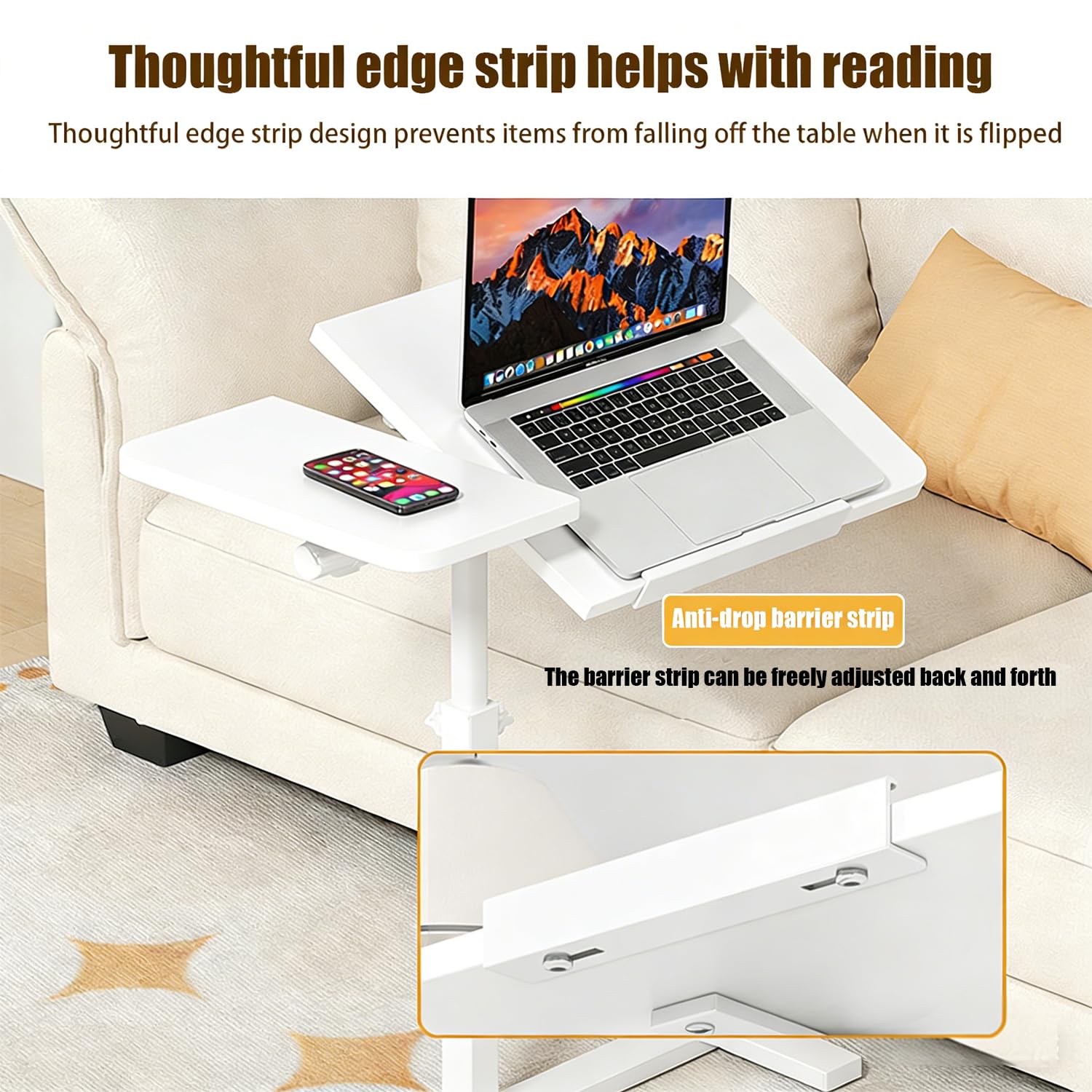 Tavolino Servitore Letto,Tavolo Per Letto Regolabile Con Ruote Nascoste, 60x40 Cm, Adatto Per Scrivania, Divano o Letto, Supporto Per Laptop Con Altezza e Angolo Regolabili, Bianco