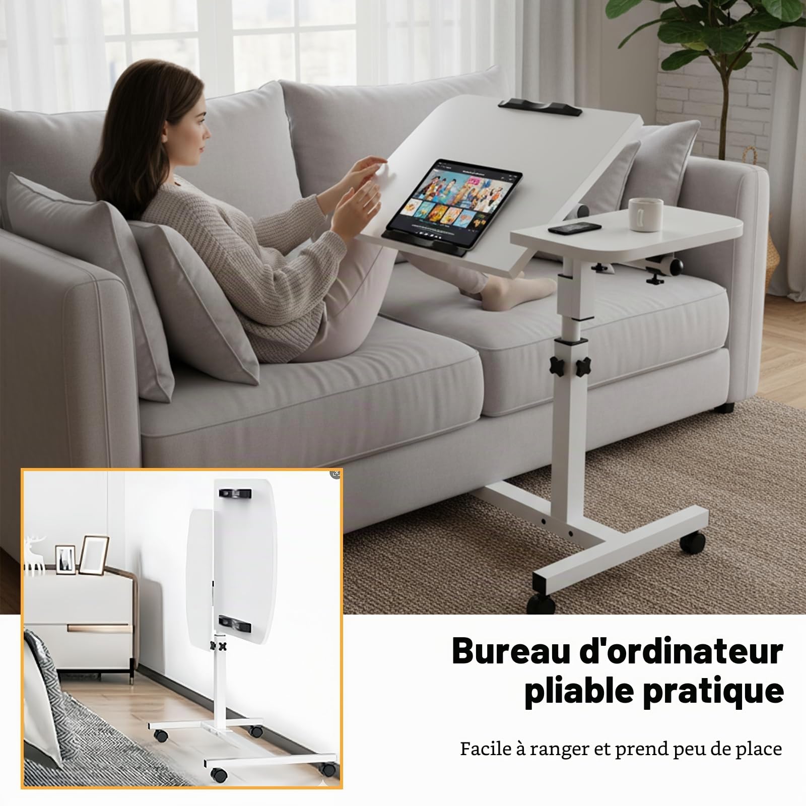 Bureau avec Roues, Bureau Table Informatique, Table de lit Roulette Réglable en Hauteur Table Roulante pour Lit Canapé avec Bandes Antidérapantes, Pliable 60X40CM Blanc