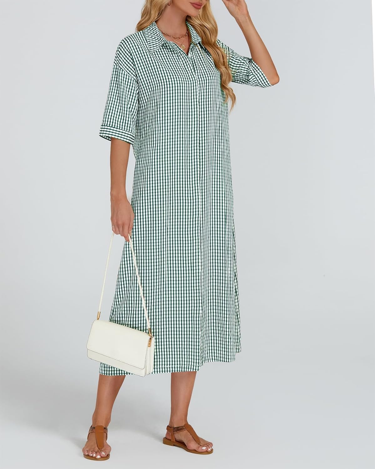 Women's Half Sleeve Plaid Maxi Dress 2026 Spring Summer Gingham Casual Button Down Long Loose Belted Dress - Image 5