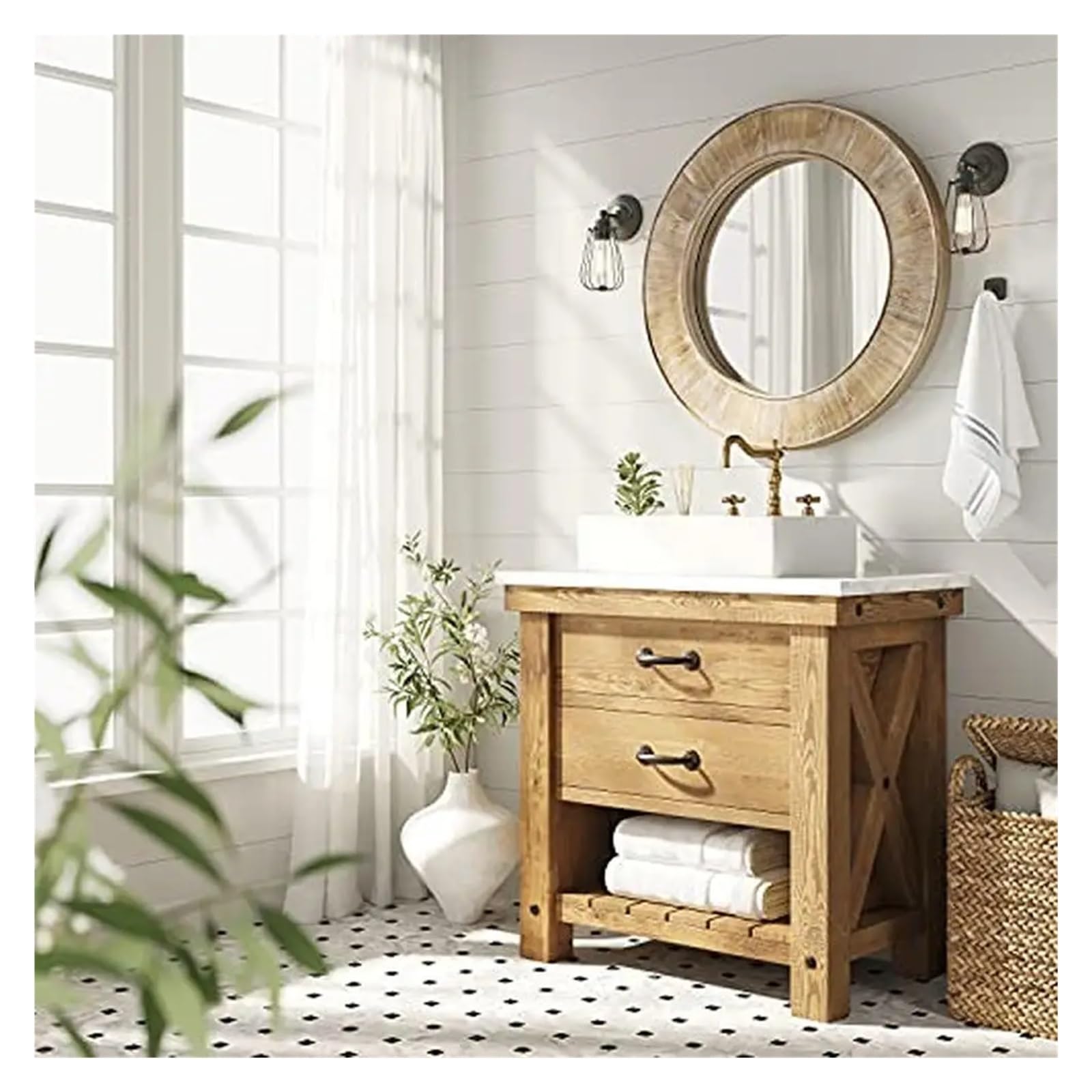 Specchio rotondo 50 cm con cornice in similpelle marrone - Arnage