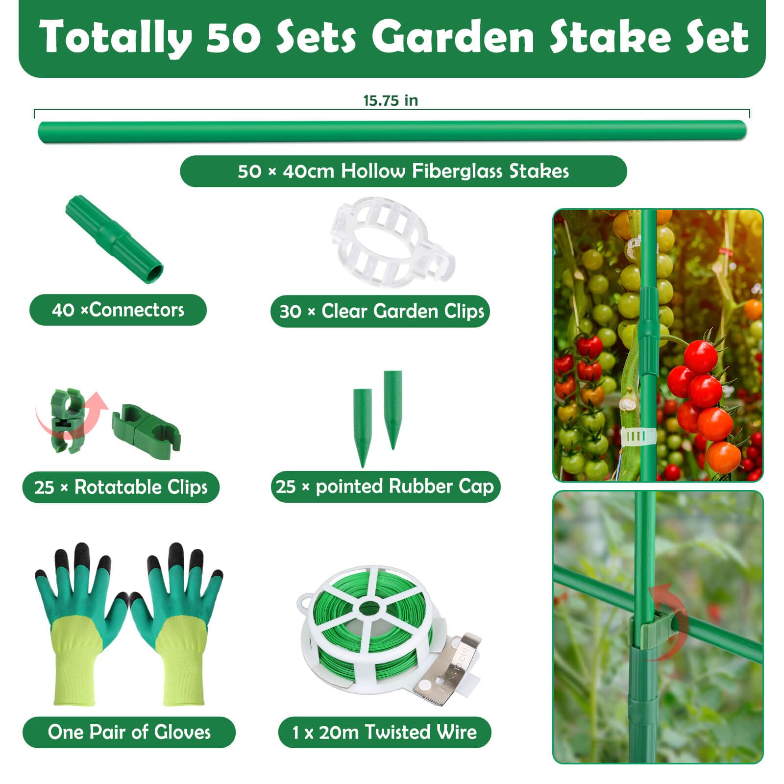 Cludoo Juego de 232 estacas de jardín con 70 juegos de estacas de fibra de vidrio para plantas, soportes y accesorios, 1.2 m, 1.5 m, 1.8 m, 2.1 m, para tomate, verduras, pimiento, vallas, plantas de