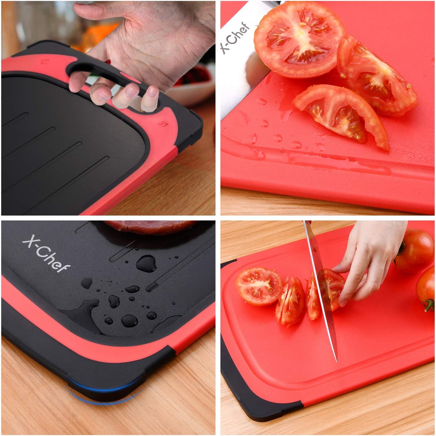 X-Chef Defrosting Tray, 2 in 1 Meat Thawing Cutting Board, Fast Thawing Plate and Chopping Board for Kitchen Frozen Food, 2 Side Use Meat Defroster, Large, 15.9x9.5inch, Red