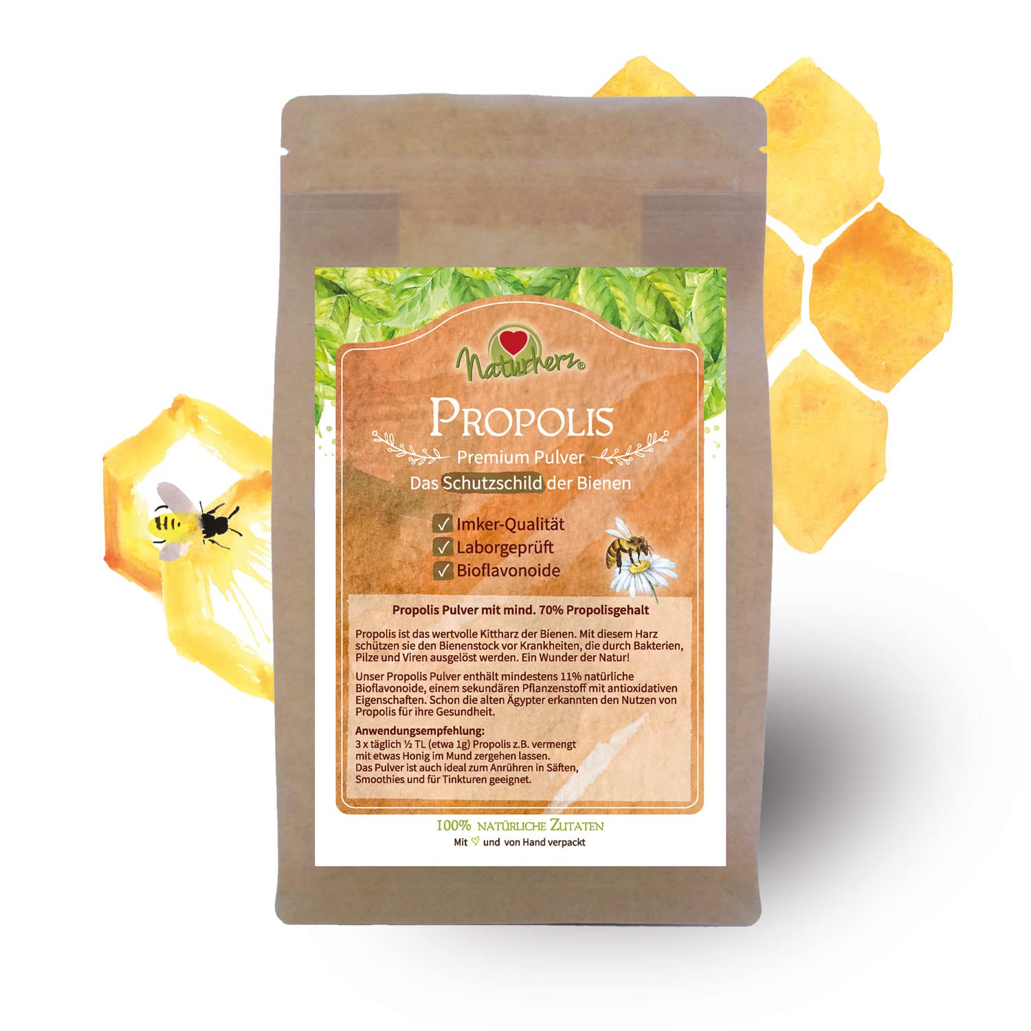 Naturherz Propolis Pulver - Vitamine: A, B1, B2, B3 und Biotin - Ideal zur Herstellung von Salben, Tinkturen oder Cremes - Premium Lebensmittel-Qualität vom Imker (250 g)