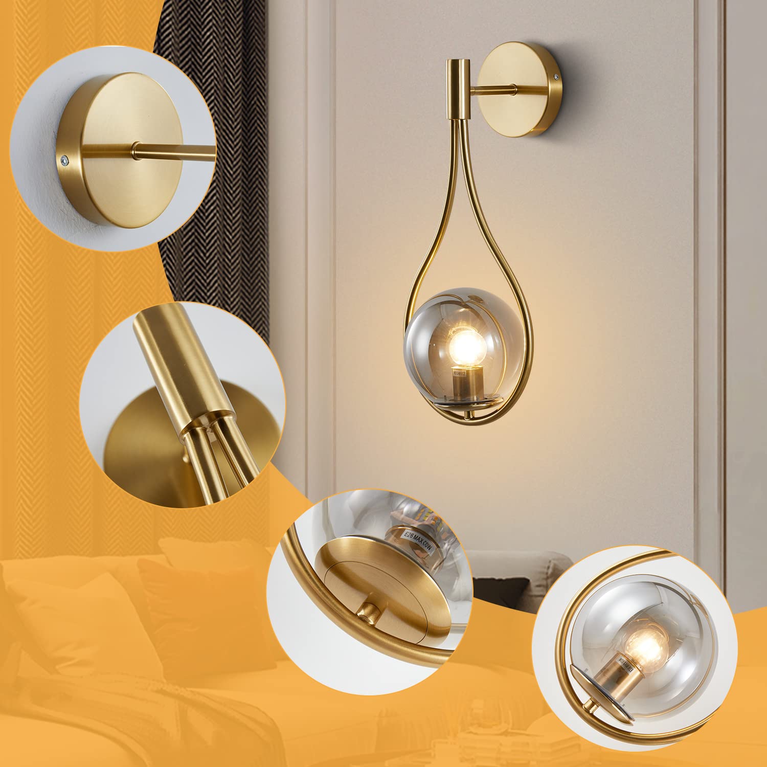 KCO Illuminazione Moderna Parete A Goccia Applique Vintage Oro Applique Da Parete Globo di Vetro Applique Da Parete In Ottone Applique Bagno Vanity Lampade Vetro Fumo Illuminazione Della Parete