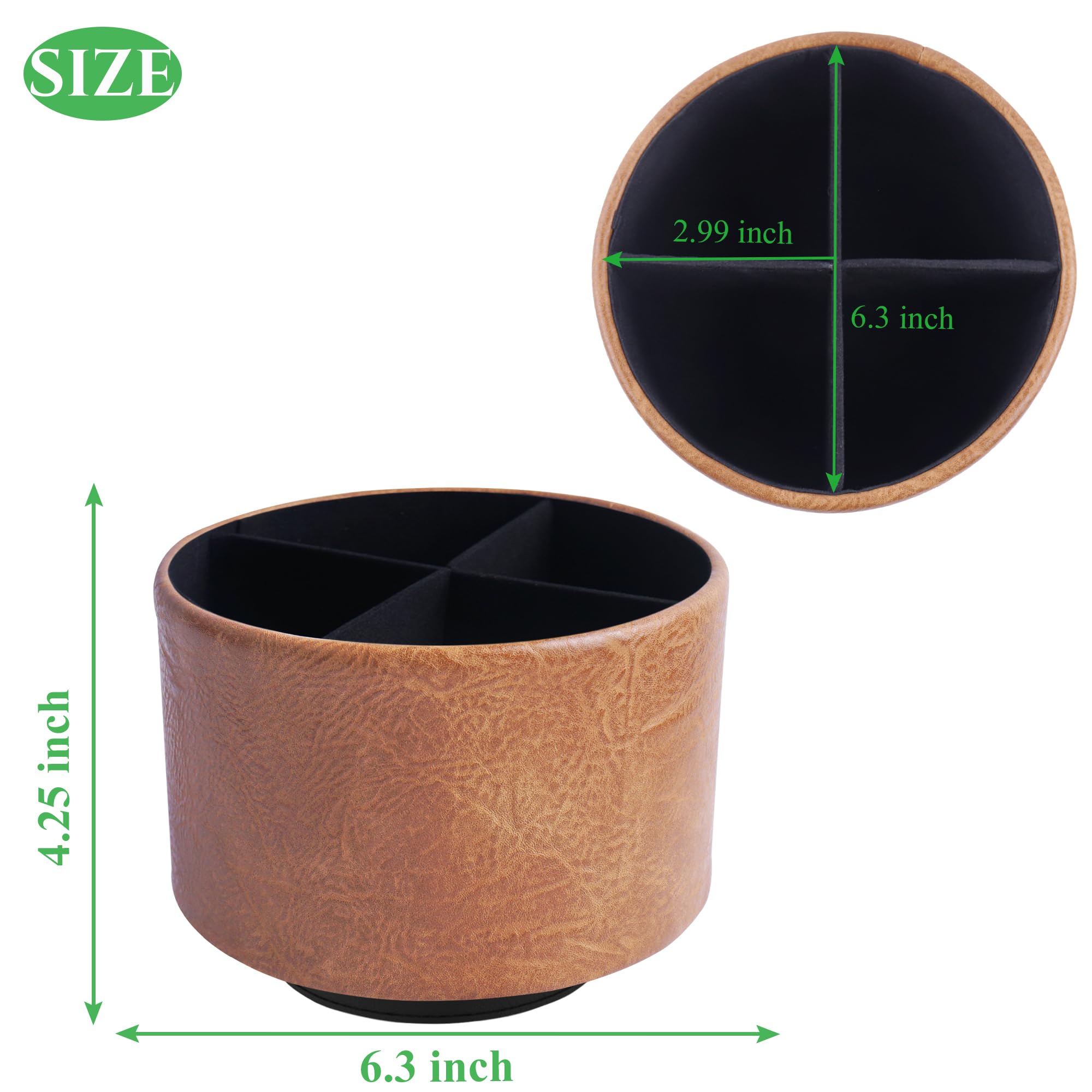 Mtzmy Round Leather Art Supply Organizer,Remote Control Holder,360 Degree Spinning,Multi-Functional Pencil Holder,4 Compartments Desktop Stationary Organizer(1-Crazy Brwon) - Image 2