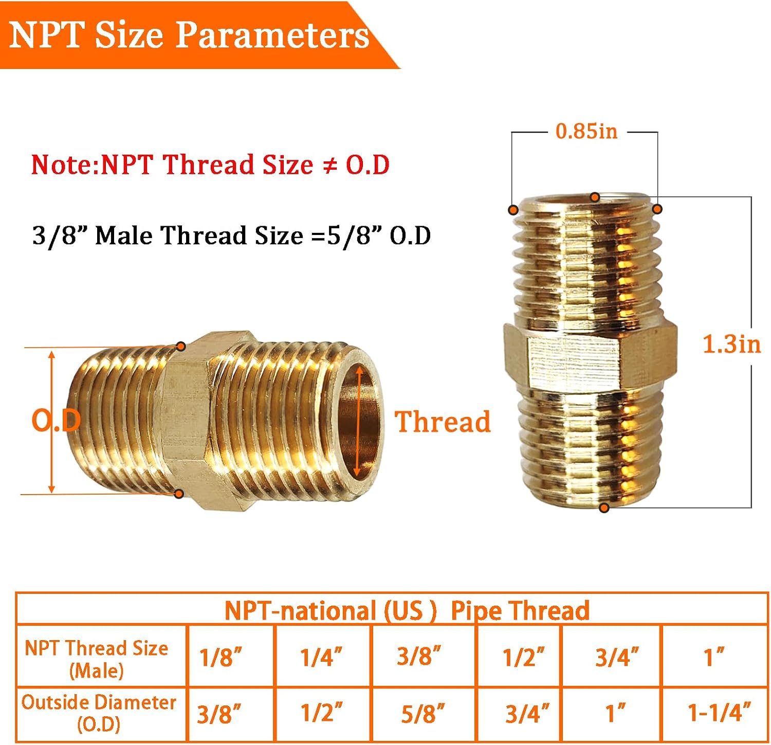 2pcs hex brass nipple 3/8"npt male x 3/8" npt male pipe fitting 3/8 inch brass pipe nipples male pipes adapter fittings heavy equal nipples connectors male 3/8,2pcs