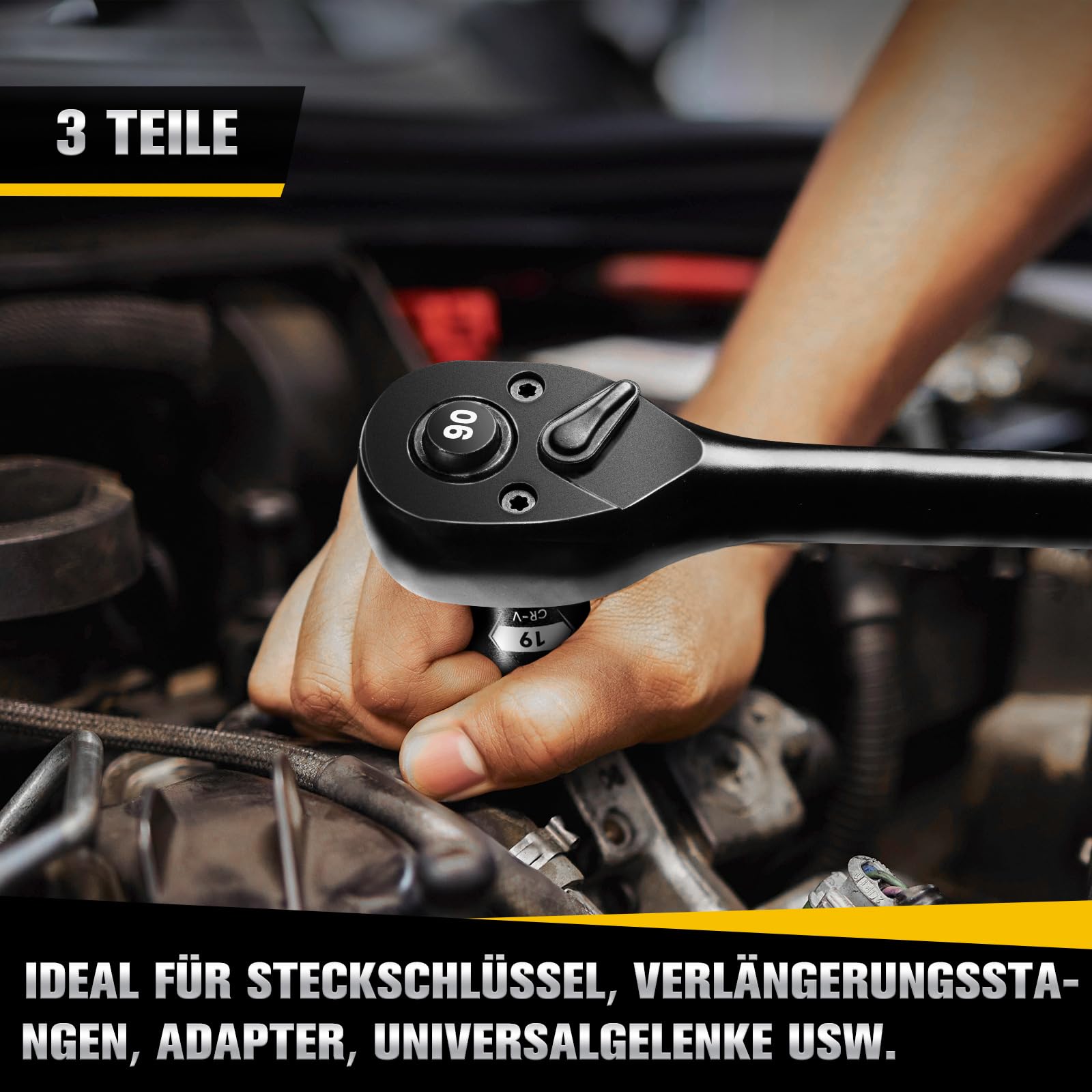 3-tlg. Umschaltknarre 1/4 zoll, 3/8 zoll, 1/2 zoll Antrieb Ratsche Knarre, 90 Zähne Ratschenschlüssel Ratschenset Mit Ergonomischer Griff und Schnellverschluss-Knopf