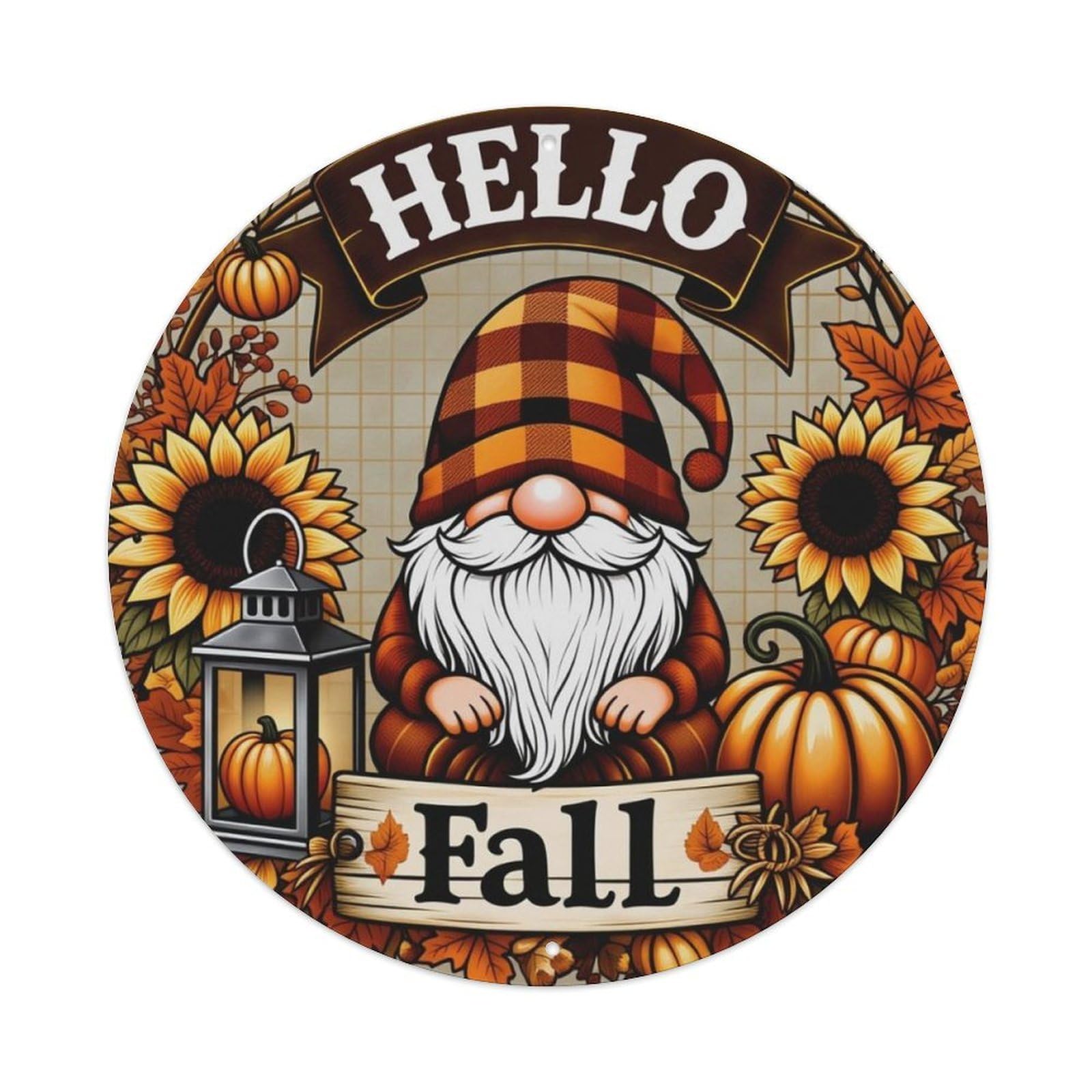 Fall Plaid Gnome Pumpkin Sunflower Round Decor Sign Vintage Aluminium Metal Sign, Retro Wall Decor for Home, Bar, Garage & Farmhouse 20x20cm