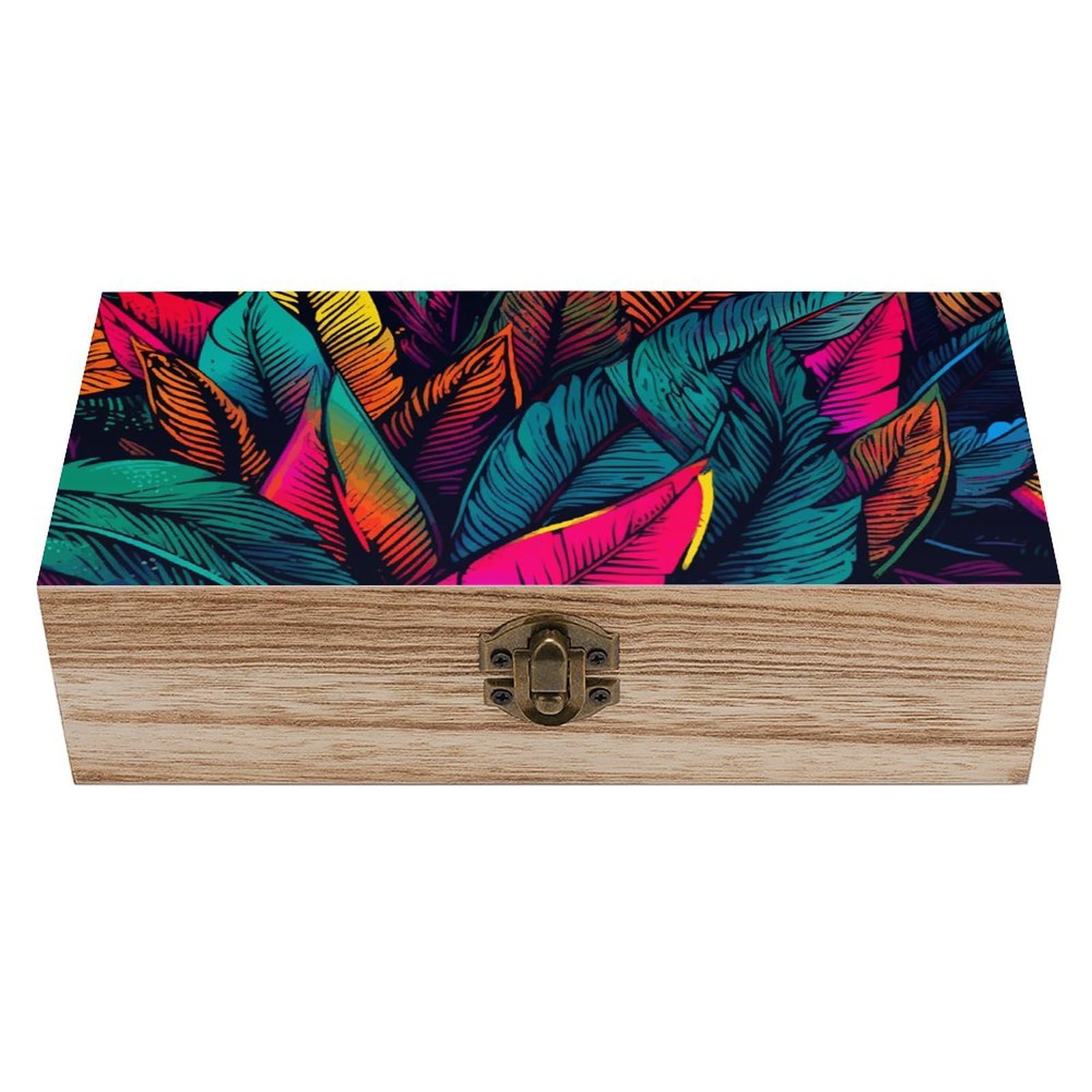 JTREHY Wooden Storage Box Container,Colorful Tropical Leaves Patternprinted Desk Storage Box Room Decoration Box Souvenir Storage Box for Jewelry Gift Storage And Home Decoration