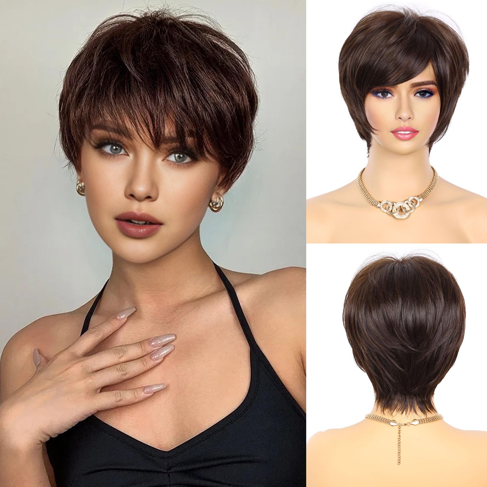 MIMAN Short Brown Pixie Cut Wigs with Bangs Synthetic Hair Wig for Women Party Halloween Costume Cosplay Wigs 4A Natural Layered Hair Wig