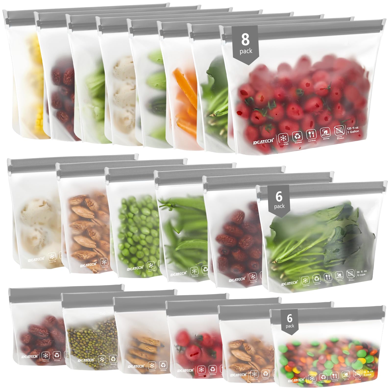IDEATECH Food Storage Bags, BPA Free PEVA Reusable Gallon Freezer Bags, Reusable Sandwich Containers, Heallthy Food Bags Containers for Travel, Lunch(Grey, 24Pack-8Gallon+8Quart+8Snack)