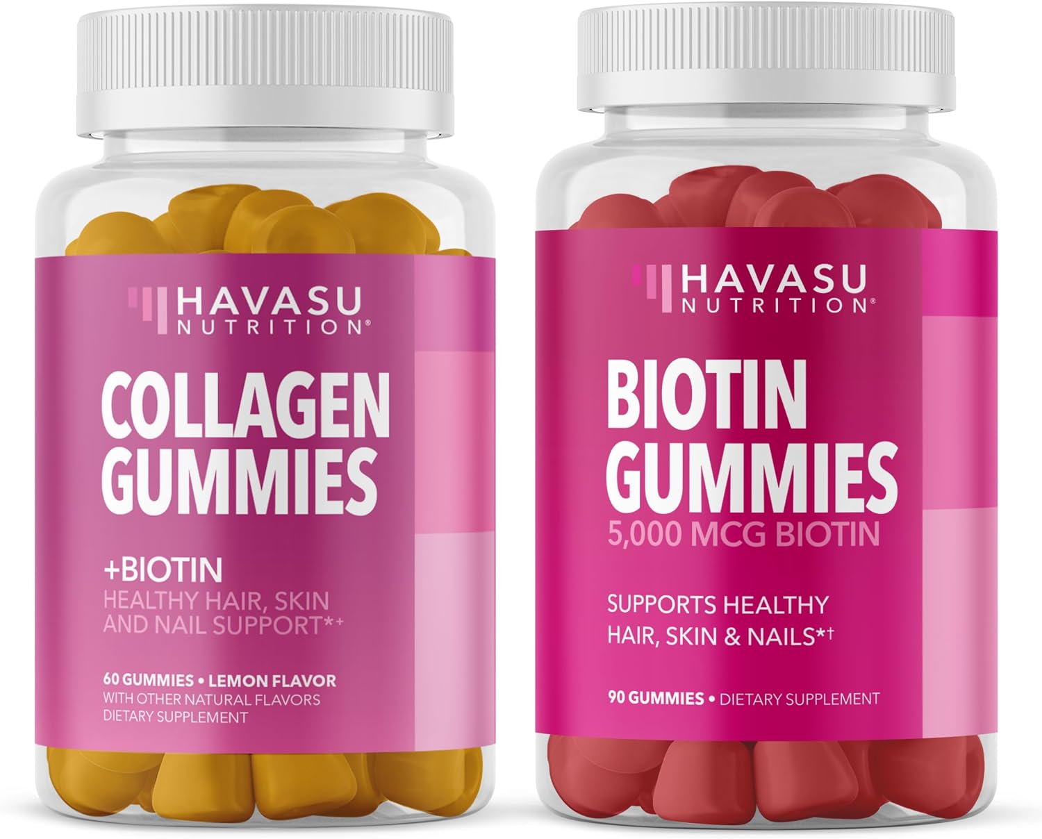 HAVASU NUTRITION Biotin and Collagen Gummies Bundle Ultimate Hair Growth Supplement with 5000mcg, Type I and III with Zinc, Vitamin E & C and 3000mcg Biotin for Hair, Skin, and Nail Growth