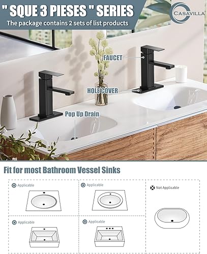 Miniatura 2 de Casavilla Juego de grifos de baño con desagüe emergente, grifo moderno de lavabo de baño negro de una sola manija con placa de cubierta (1 o 3