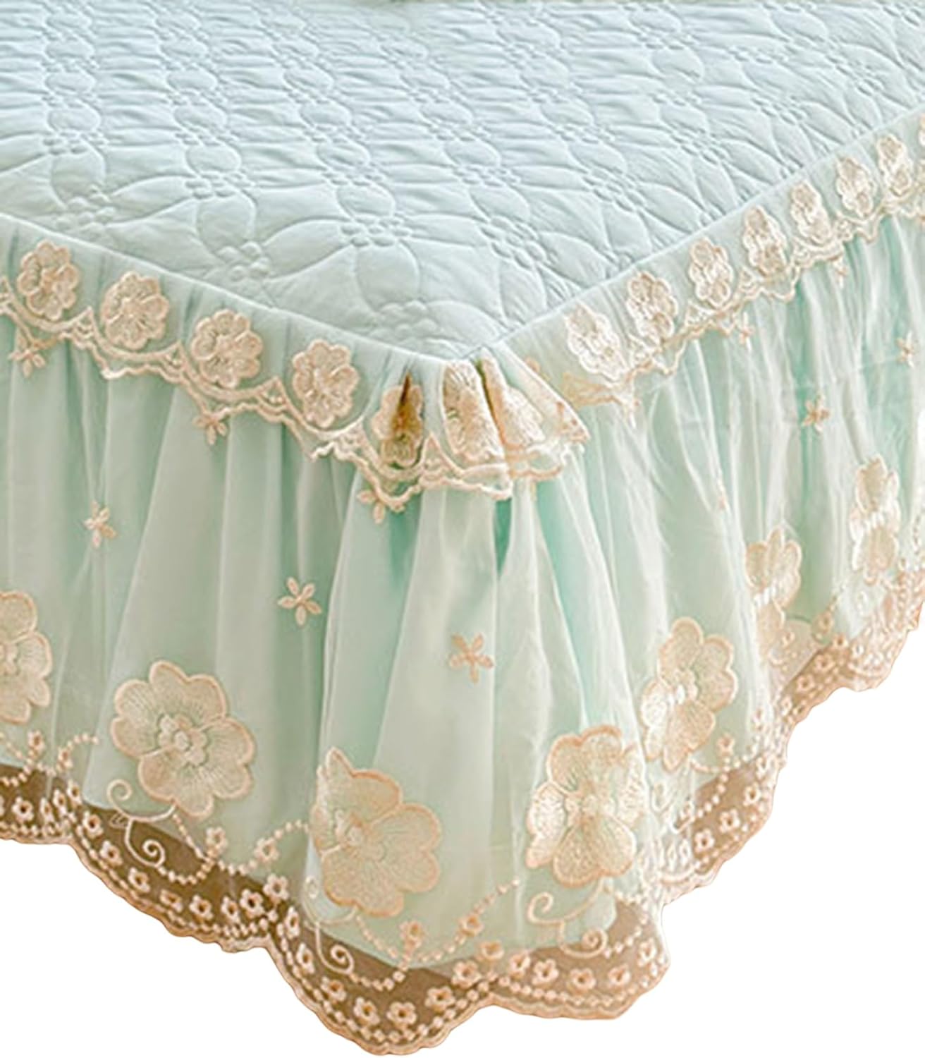 Vintage Winter Ruffled Bed Skirt with Quilted Sheet,Dust Ruffle Cotton Clip Bedskirt with Lace Layer,17.7" Drop