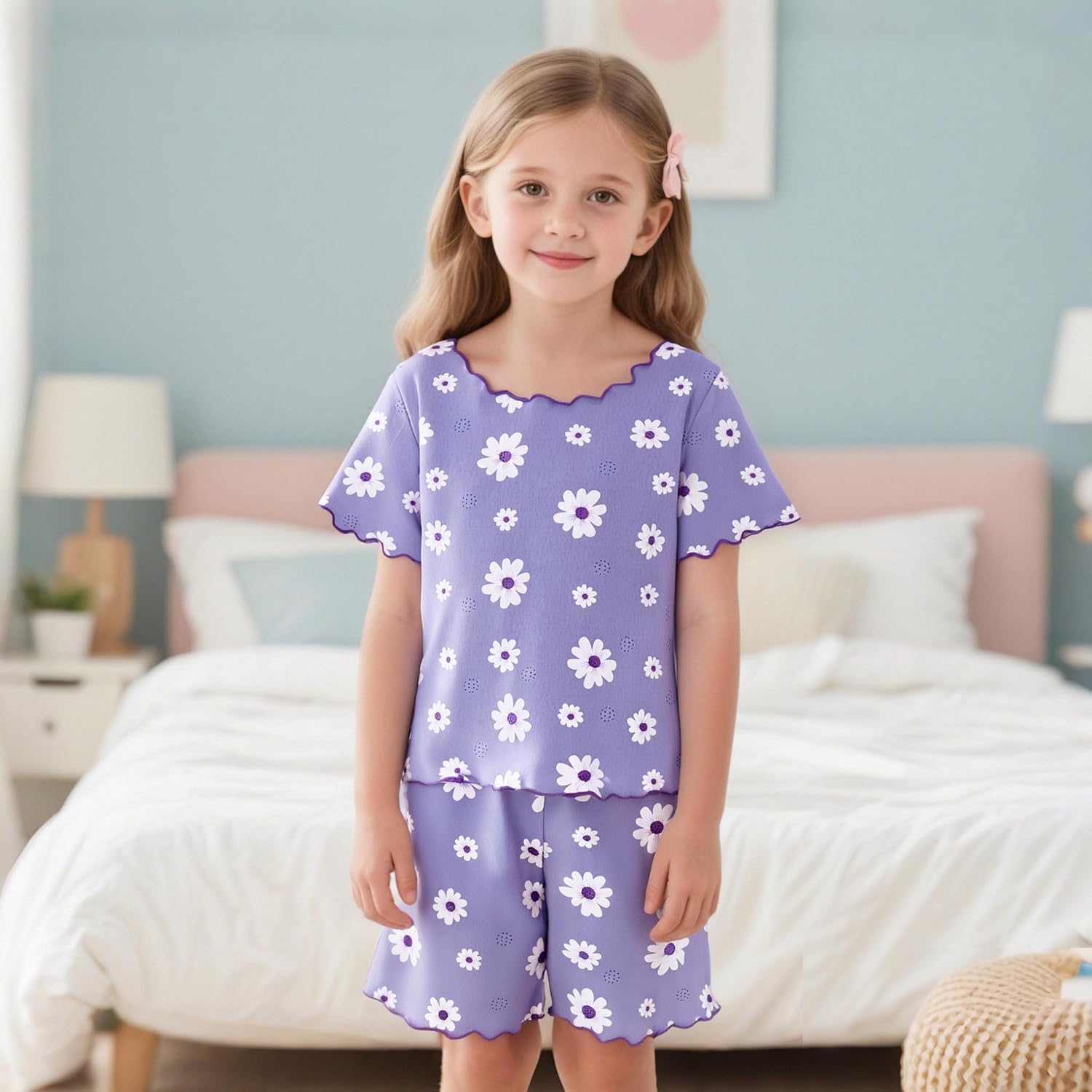LQSZ Girls Pajamas Set Short Sleeve Summer Kids Lounge Set Soft Sleepwear Pjs Sets for 3-10 Years - Image 2
