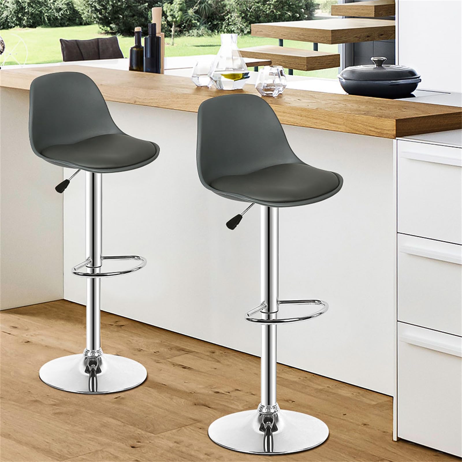 Set Di 2 Sgabelli Da Bar Regolabili In Altezza - Seduta In Pelle PU E Base In Metallo - Design Nordic, Girevoli - 2