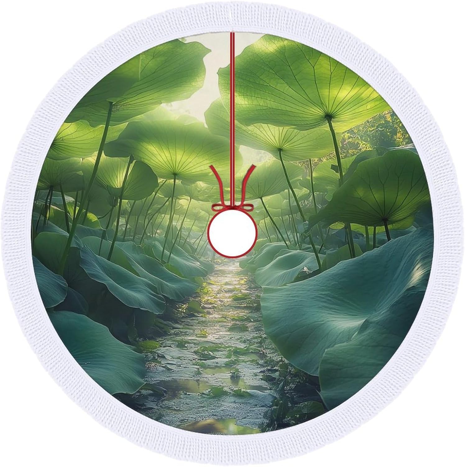 Lotuses Leaf Christmas Tree Skirt Round Xmas Tree Mat Ornaments Tree Skirts with Tassels for Holiday Party
