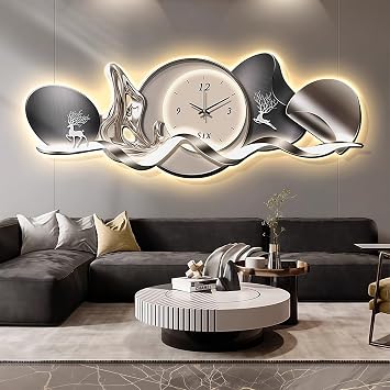 Modern 3D Wall Art Decor Clock with LED Light, Creative Silent Wall Clocks with Deer & Wave Accents, Home Hanging Decor, Plug-in Power Supply, for Bedroom, Kitchen, Home, Office, School