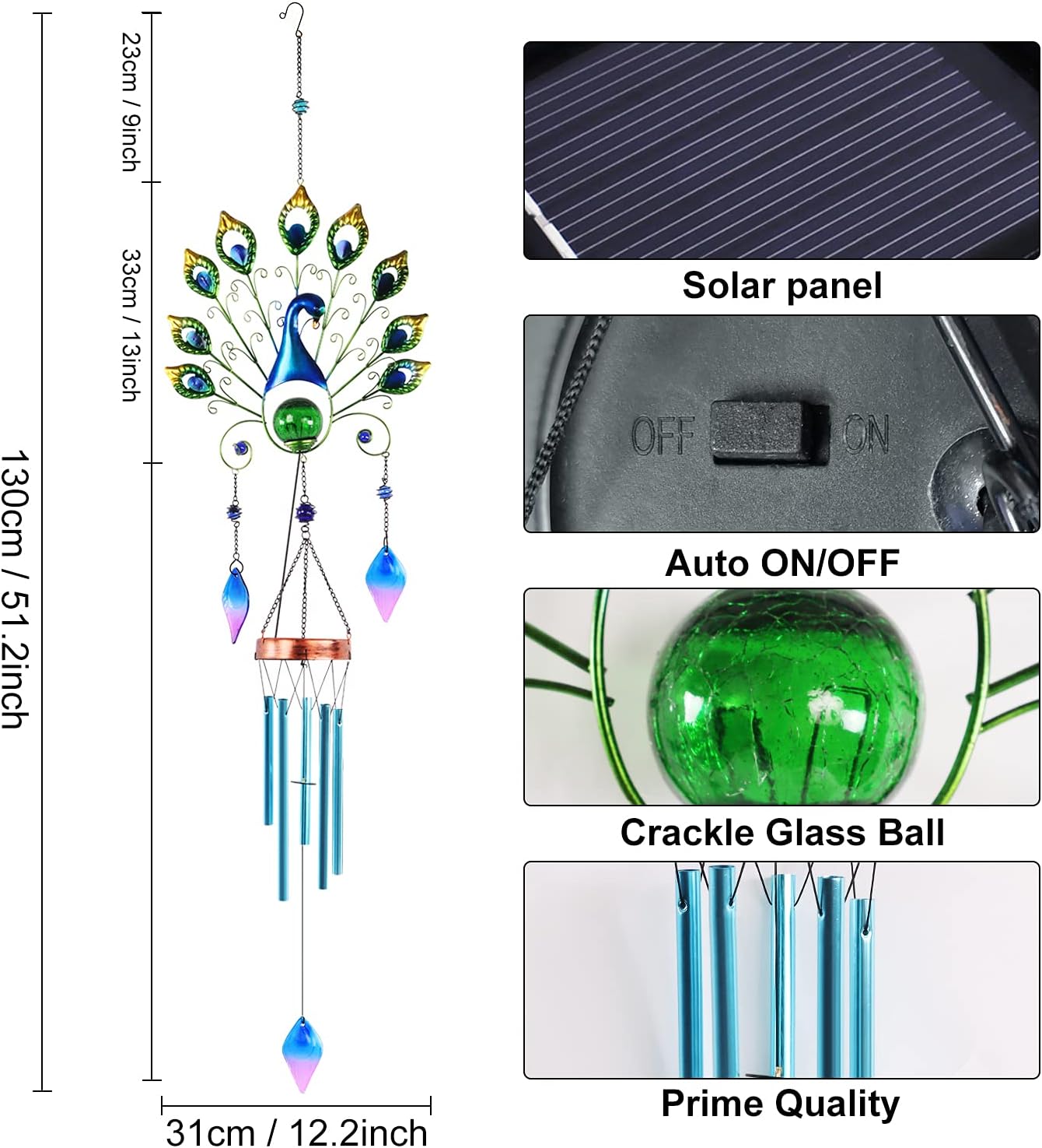 Pearlstar Solar Wind Chimes Outdoor, 53.5" Large Peacock Wind Chimes Light with Crackle Glass Ball, Waterproof Colorful Metal Peacock Wind Chimes for Garden Patio Yard Home Decor Memorial Gift… - Image 4