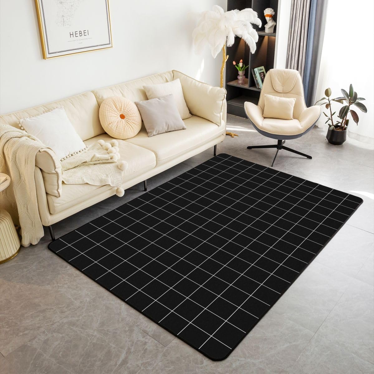 Feelyou Black Plaid Area Rug 3x5 Polyester Buffalo Grid Checkered Living Room Rugs for Bedroom White Lines Decor Carpet Indoor Floor Mat Soft Non-Slip