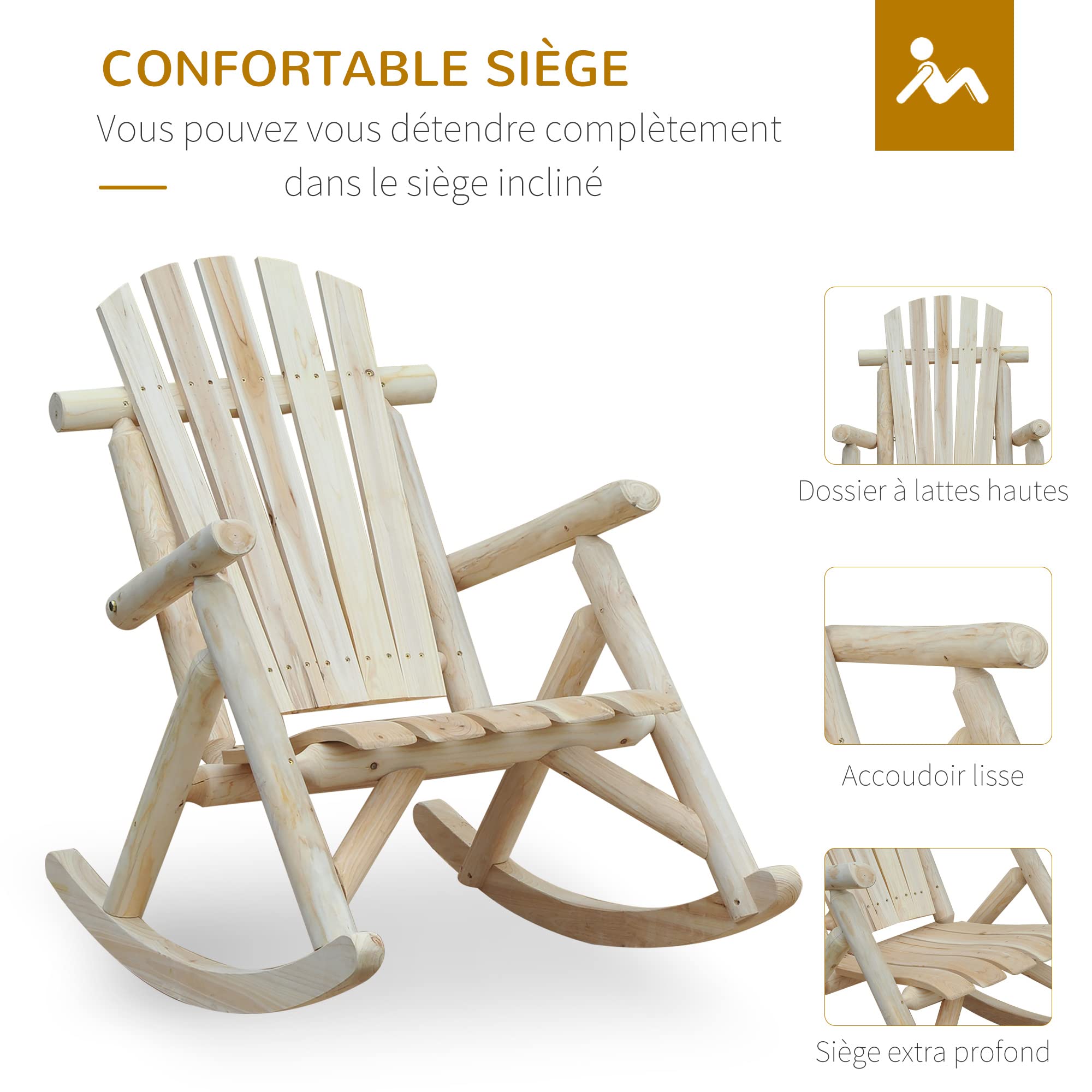Outsunny Fauteuil de Jardin Adirondack à Bascule Rocking Chair Style néo-rétro Assise Dossier Ergonomique Bois Naturel de pin