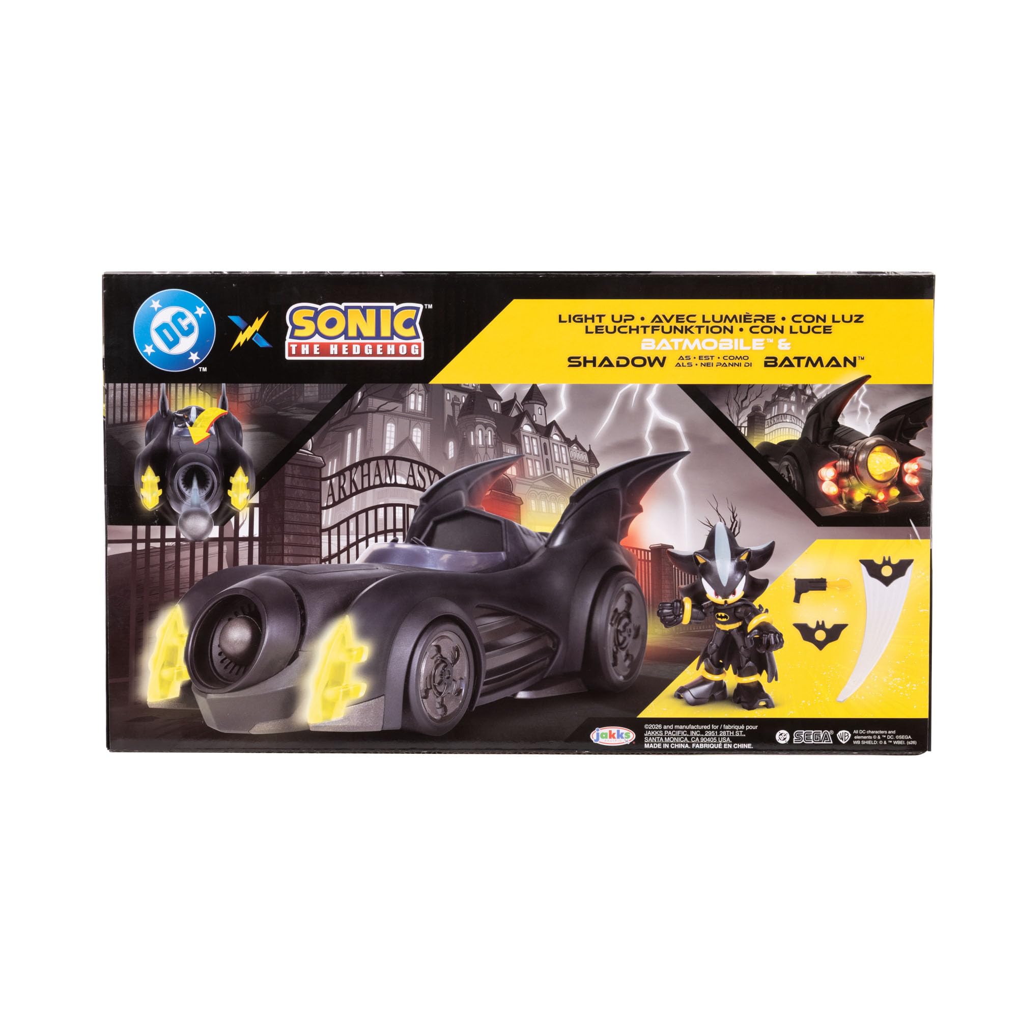 Sonic The Hedgehog DC x Batmobile luminosa e figurine di Batman e Shadow