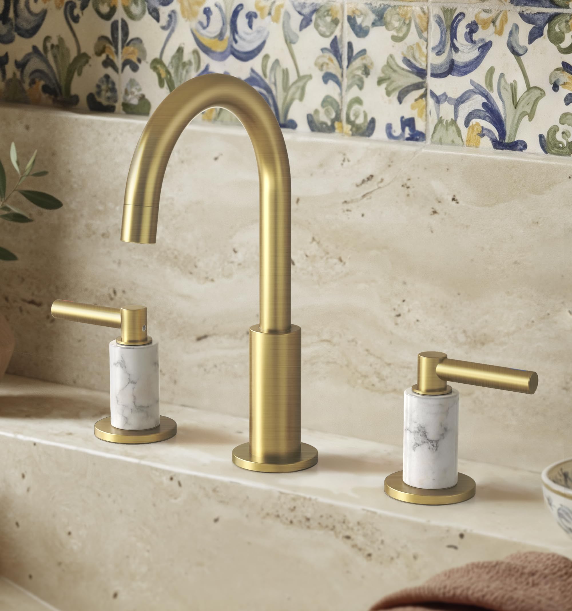 Photo 1 of KES Natural Italian Carrara Marble Brushed Gold Bathroom Faucet 3 Hole with All Metal Pop Up Sink Drain, 8 Inch Widespread Bathroom Sink Faucet for Vanity, 360° Swivel Spout, 18/8 Stainless Steel