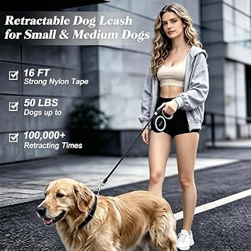 Retractable Dog Leash with Stainless Steel Anti-Chew Cable for Small & Medium Dogs up to 50 lbs | 16 ft Strong Nylon Reflective Tape | Quick Lock System (Medium, White)