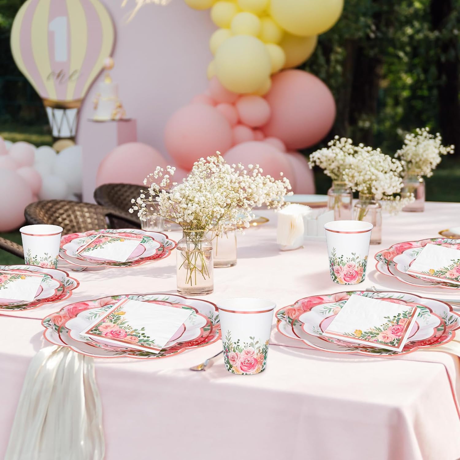 Whaline Floral Tableware Set Pink Flower Rose Gold Foil Disposable Party Supplies 9" & 7" Plate, 6.5" Napkin, Cup for 25 Guests Spring Wedding Bridal Baby Shower Birthday thumbnail