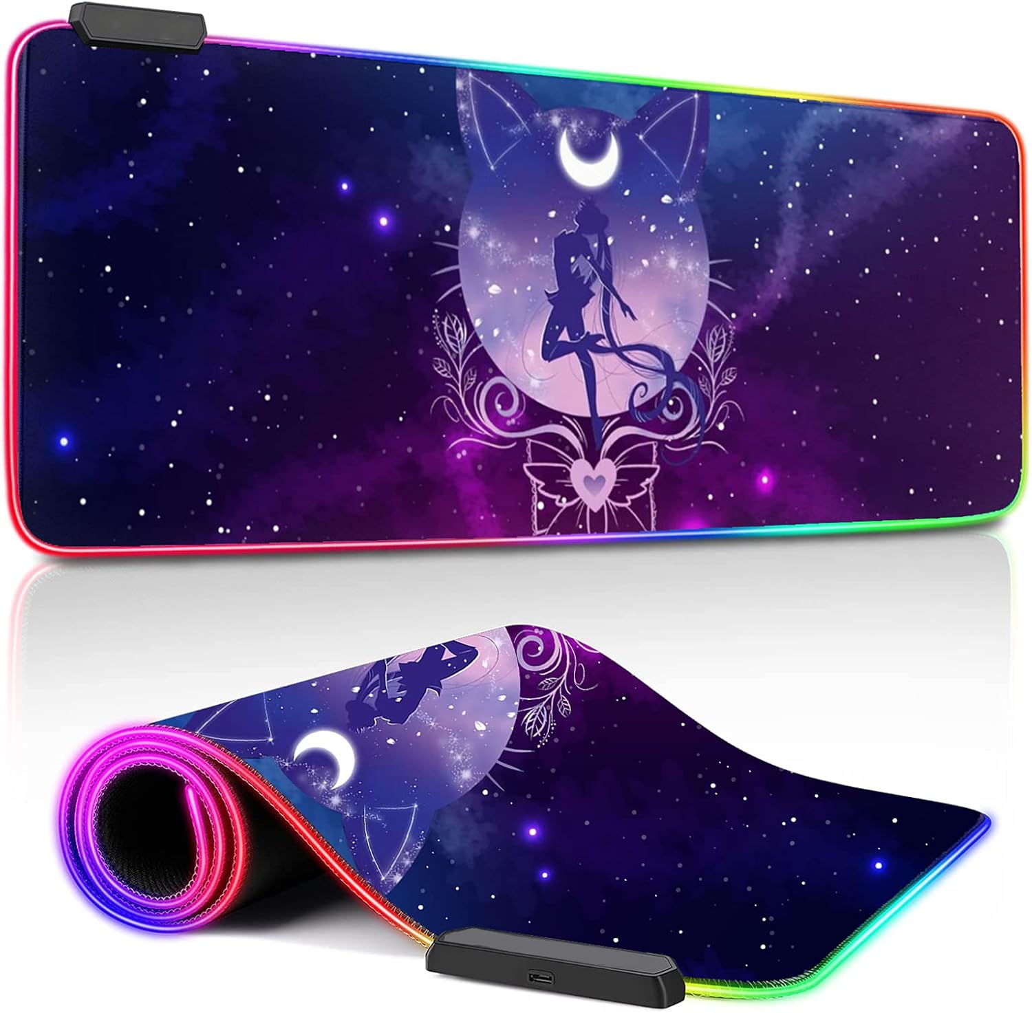Cute Pink Girl Moon Mouse Pad Large RGB Anime Gaming Mouse Mat 12 Light Modes LED Extended Computer Keyboard Mat Kawaii Desk Accessories 31.5 X 11.8 inch