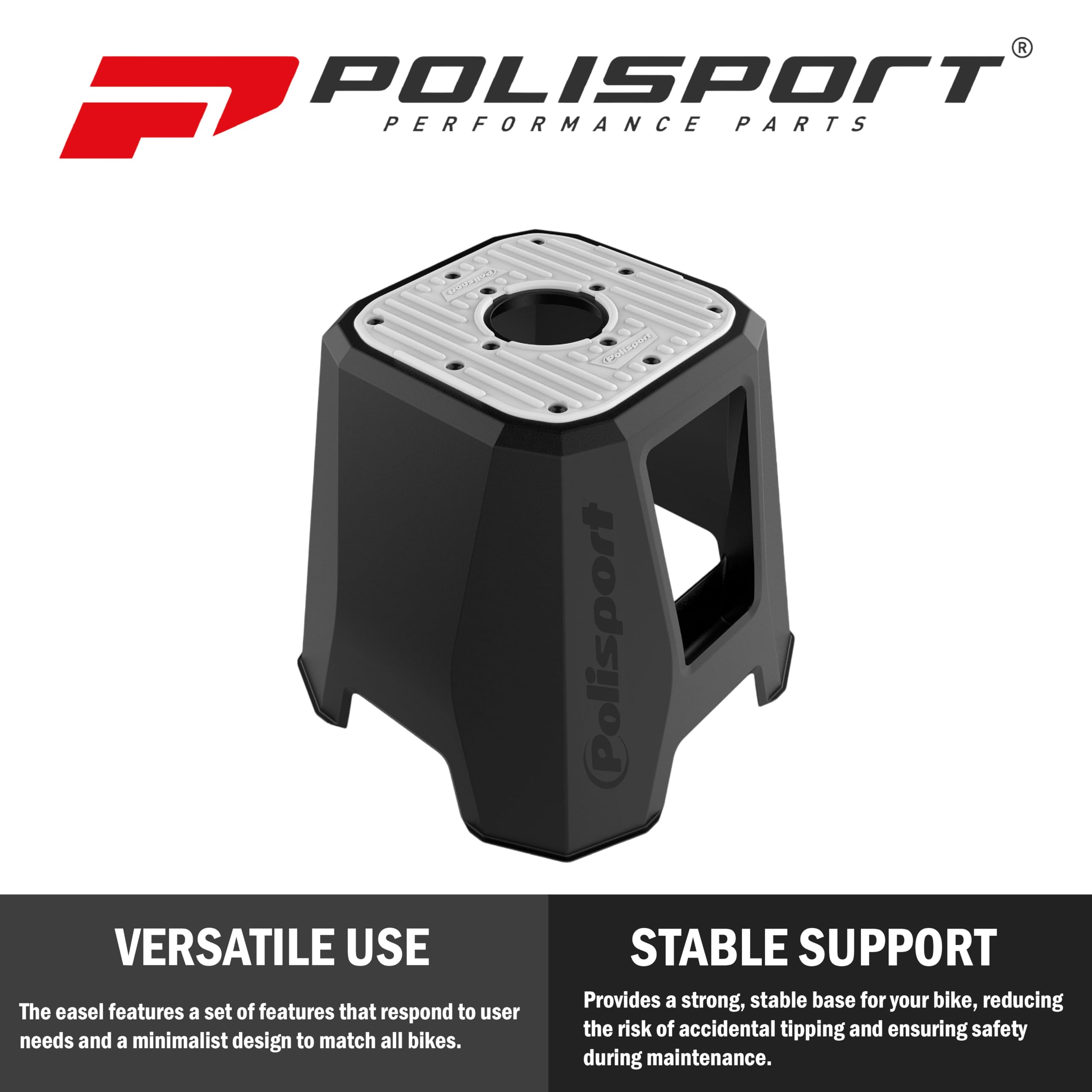 Polisport 8985800001 - Chevalet en Plastique Haute résistance Avec revêtement supérieur antidérapant, léger et Avec poches à outils. Conception de Couleur Noir