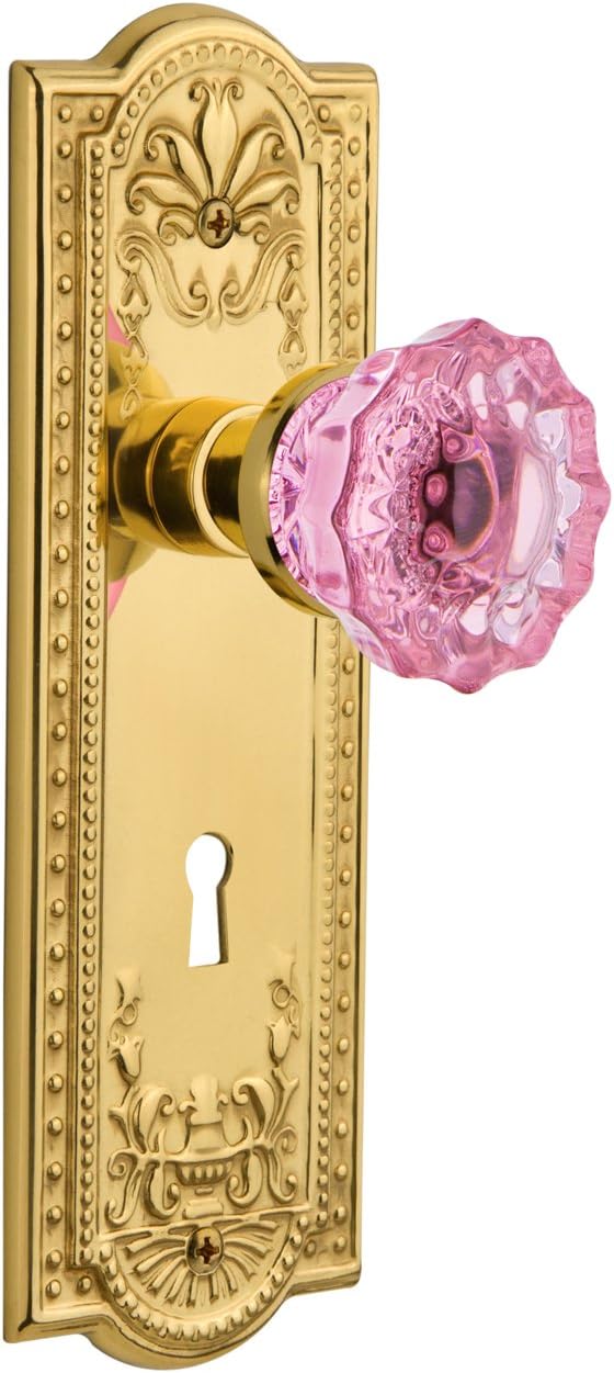 Nostalgic Warehouse 721639 Meadows Plate with Keyhole Crystal Pink Glass Door Knob in Polished Brass, Passage 2.75