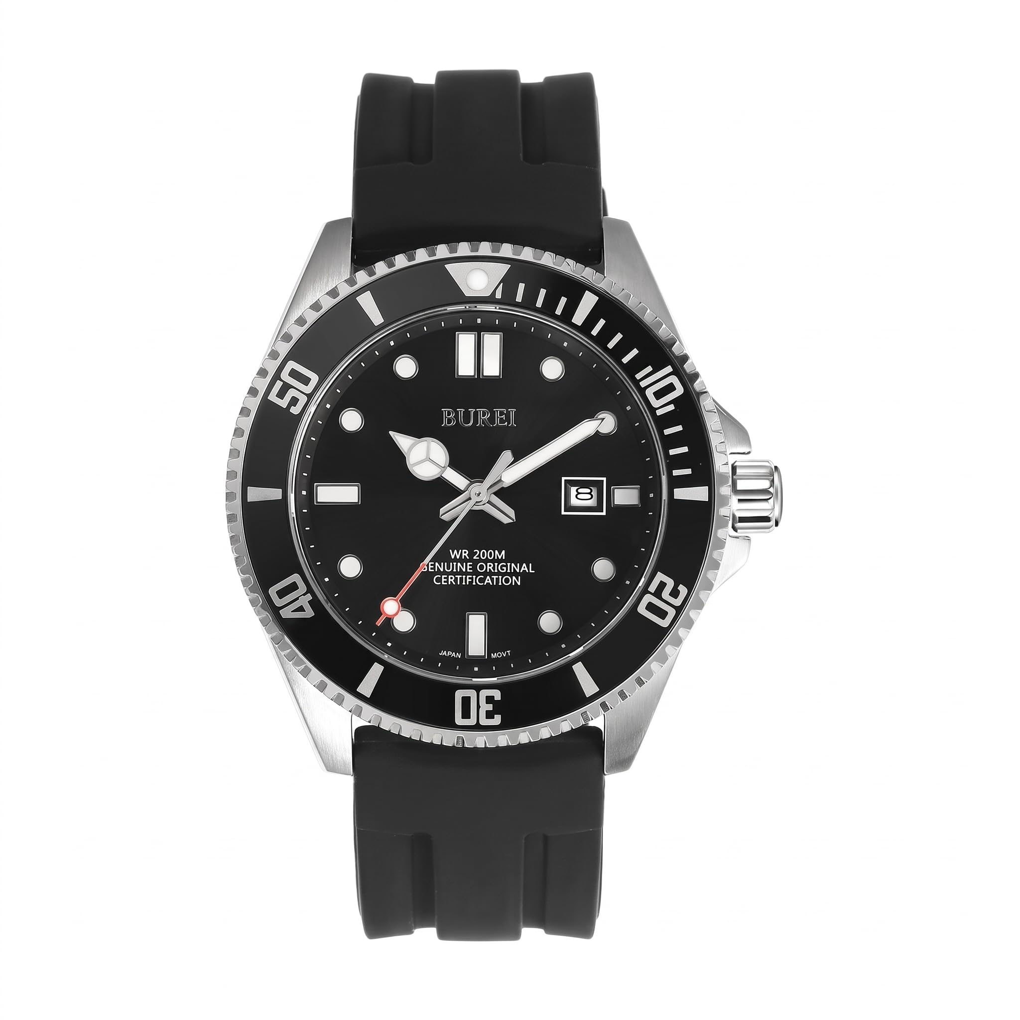 BUREI - Reloj de Buceo para Hombre, Resistente al Agua hasta 200 m, Cuarzo analógico, de Acero Inoxidable, de Moda, clásico, para Trabajo y Negocios, con Fecha automática