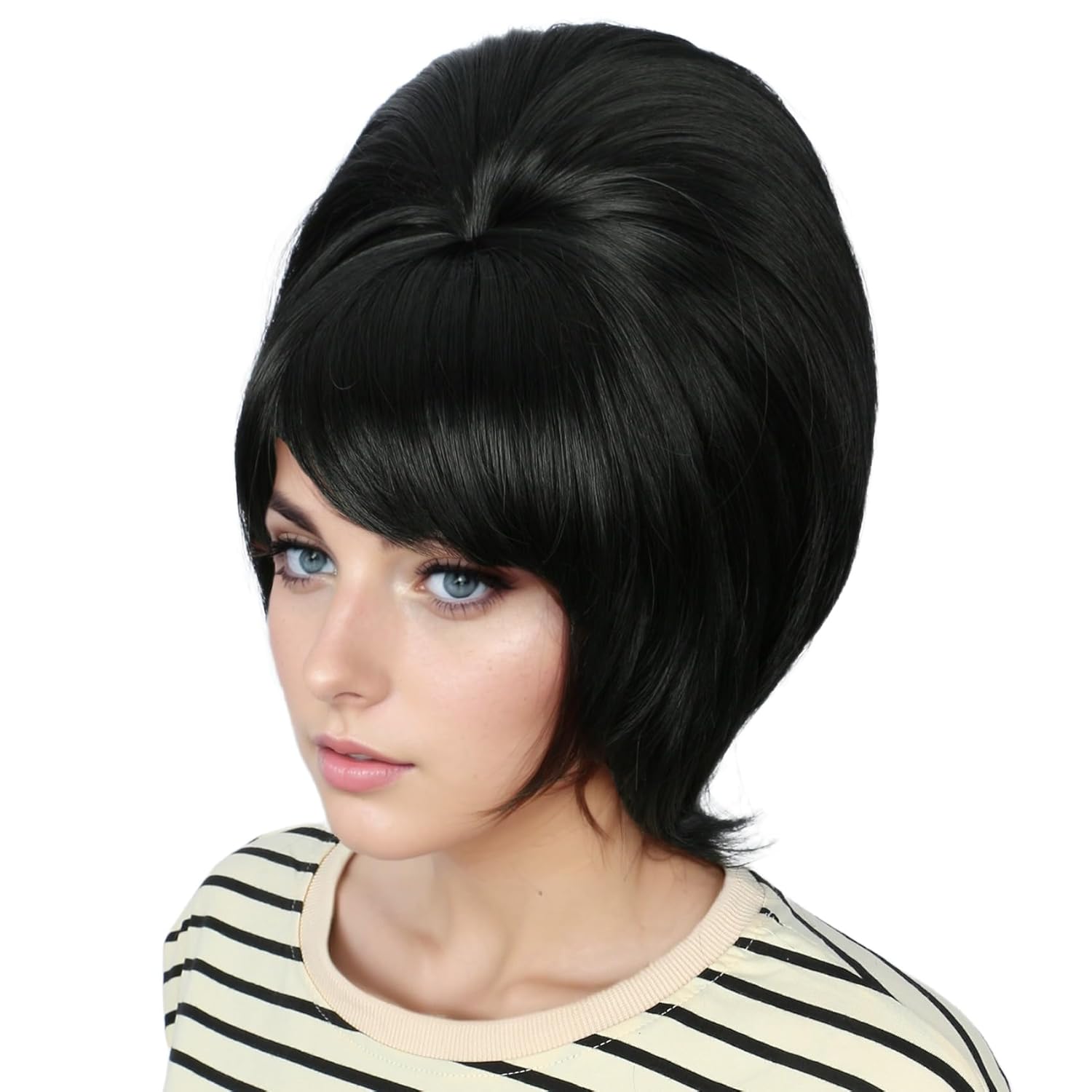 Retro Wig 50s 60s 70s Wig with Bangs for Women Synthetic Hair for Halloween Costume Party (Black) - Image 3