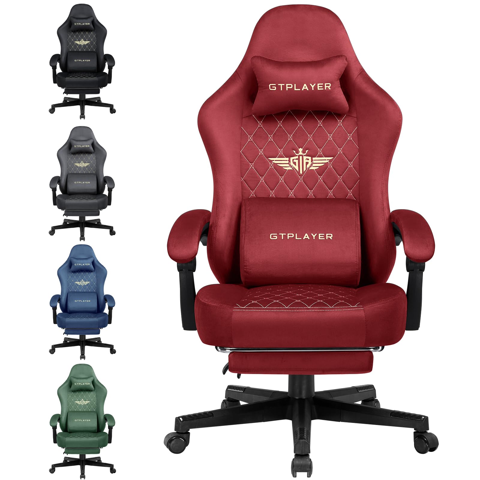 GTPLAYER Sedia da gaming, in tessuto, ergonomica, per ufficio, in PC, portata 150 kg, regolabile e girevole, con cuscino a molla e poggiapiedi, rosso