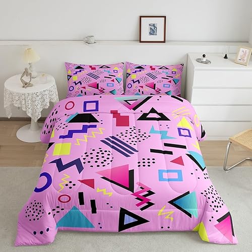 Miniatura 41 de Juego de edredón de estilo de moda de los años 80 y 90, tamaño Queen, patrón retro de estilo Memphis con formas geométricas, juego de ropa de cama