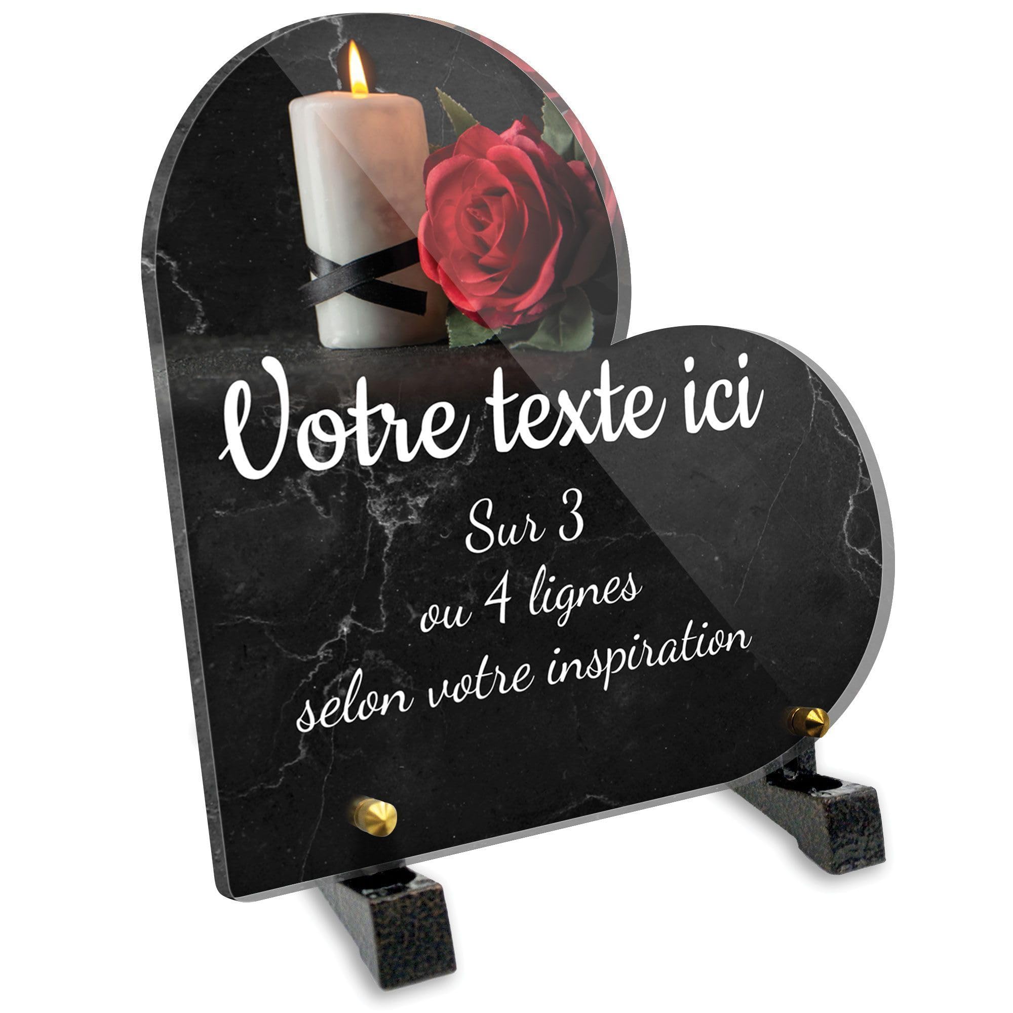 Placa funeraria corazón personalizable en plexi, diseño de vela y rosa roja, diferentes tamaños, grosor 6 mm, personalizado en varias líneas, 15 x 15 cm