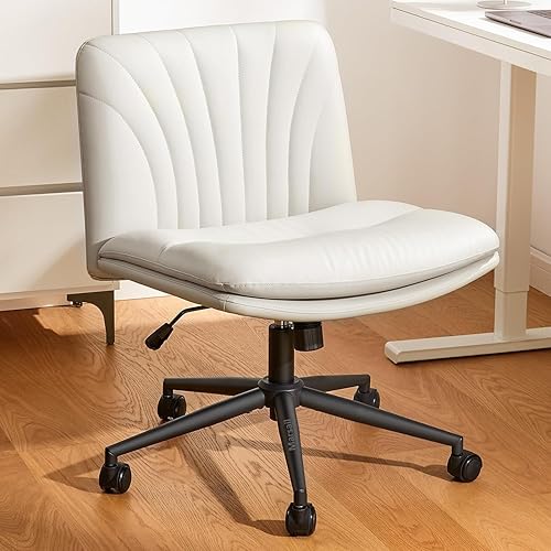 Marsail Silla de Escritorio de Oficina sin Brazos con Ruedas Silla Ancha de Cuero PU con Piernas Cruzadas, Sillas de Trabajo Giratorias Ajustables