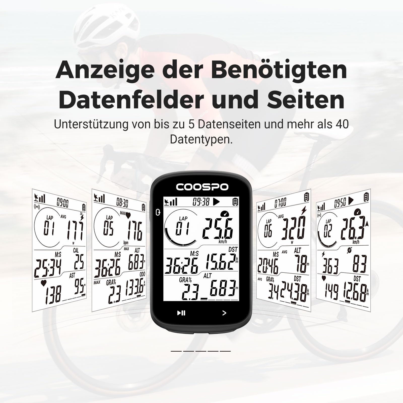 COOPSO CS300 Fahrradcomputer Kabellos, Fahrrad GPS Tacho mit 2,6-Zoll LCD, Bluetooth/ANT+ Ahrrad Computers mit Hintergrundbeleuchtung, Wasserdicht IPX7 Fahrradtacho und Kilometerzähler mit Strava