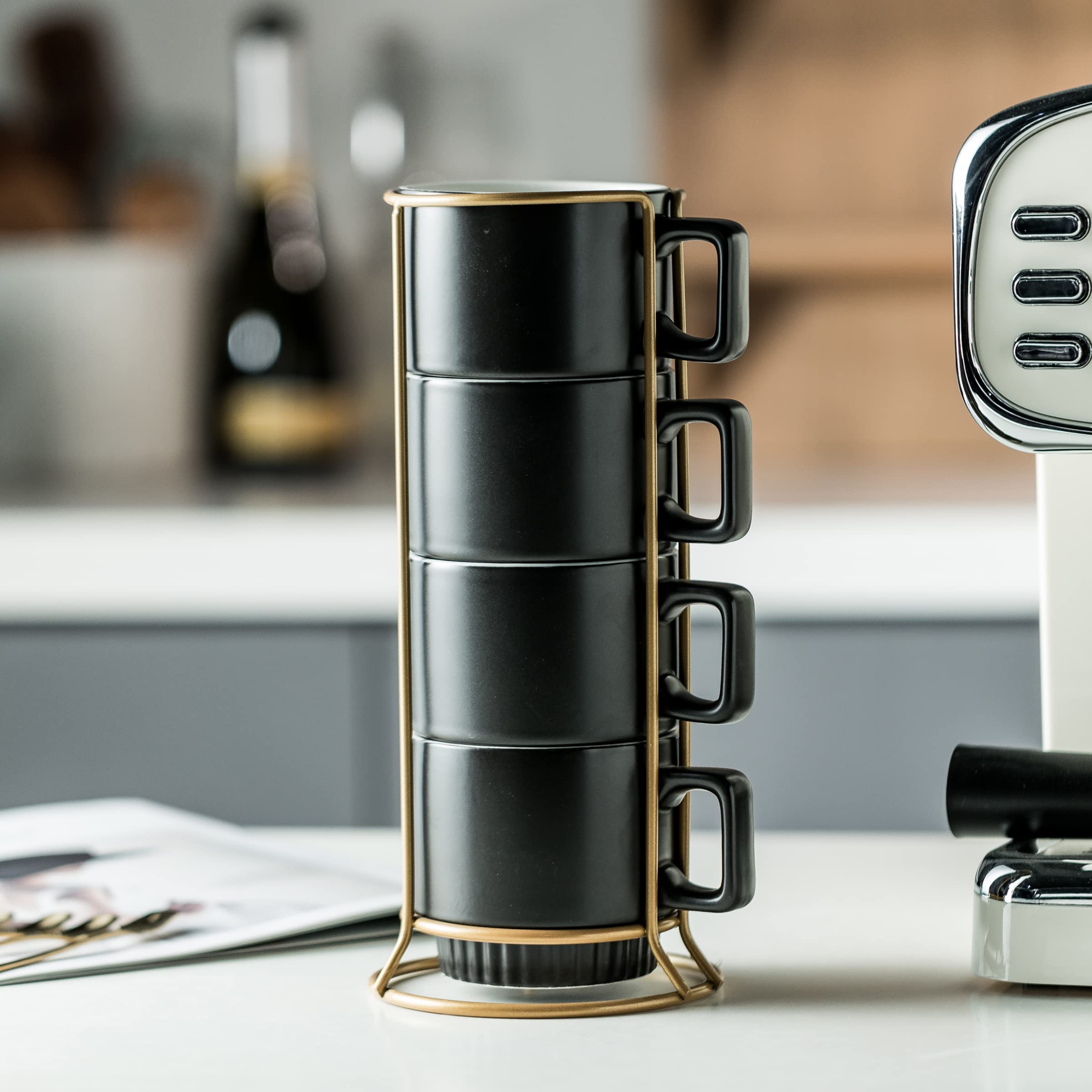 Miamolo Stapelbare Kaffeetassen mit Ständer, 325 ml, Keramik, Latte-Tassen, 4er-Set, für Espresso, Cappuccino, Tee, heißen Kakao, Vatertag, spülmaschinen- und mikrowellengeeignet, Schwarz