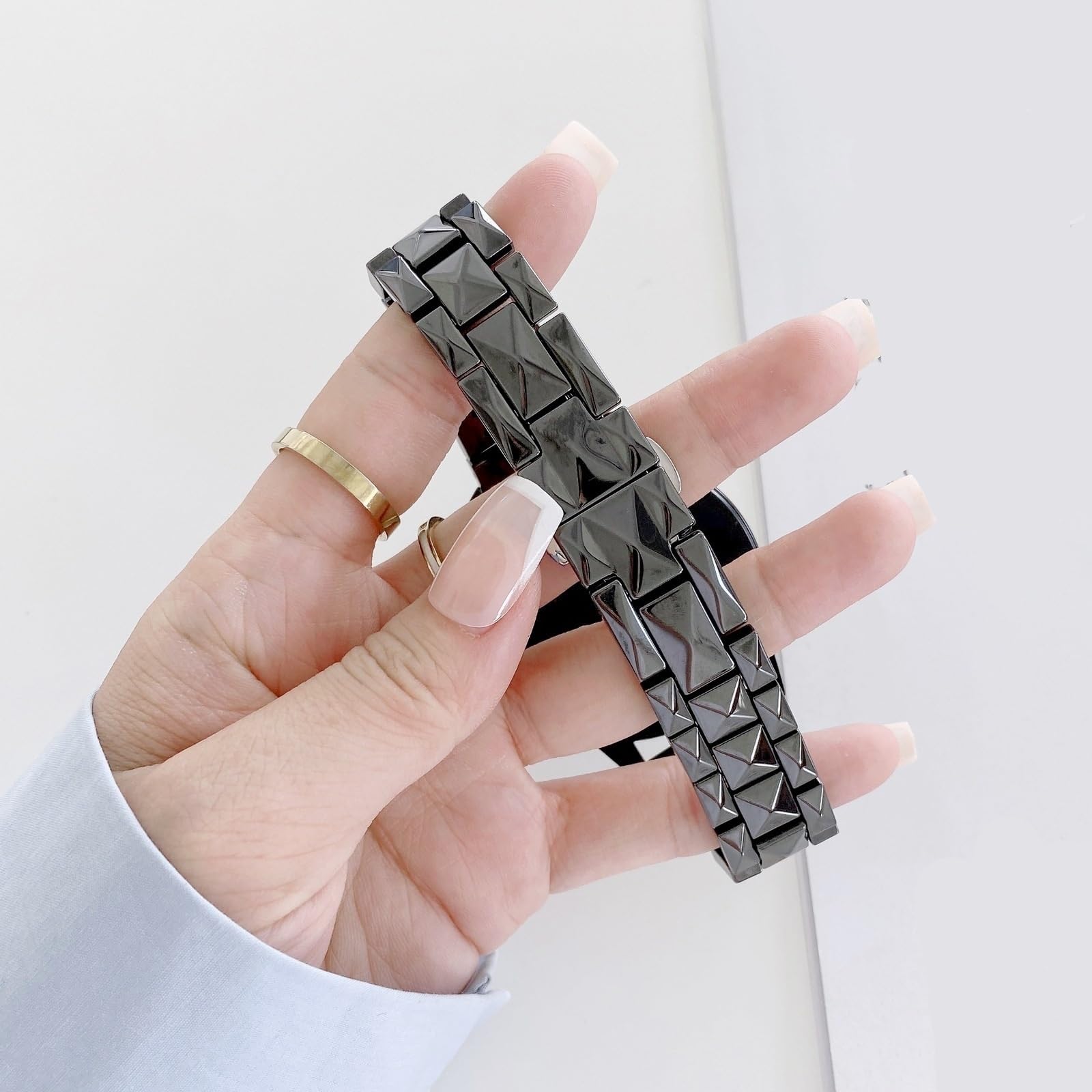 Correa de reloj de cerámica de tres rayas con patrón de diamante de 20 mm/22 mm con cierre plegable de metal