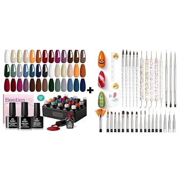 Beetles Fall Gel Nail Polish Kit - 23Pcs Burgundy Red Brown Orange Purple Colors Set with 31pcs Art Brushes, Dotting Tools, Pens, Dust Brush, Striping Liner