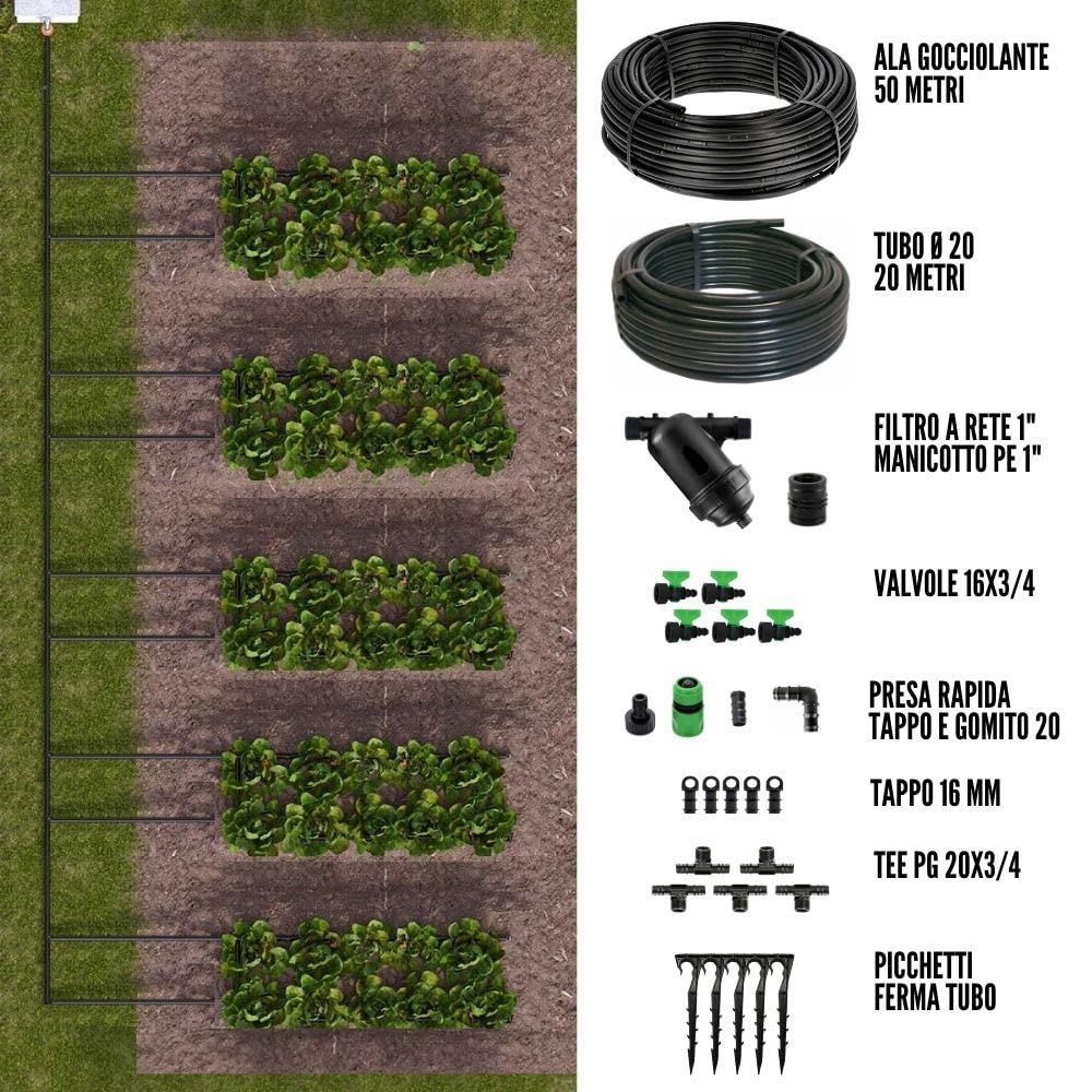 Kit Irrigazione Orto Ala Gocciolante 50 Mq Distanza Goccia ogni 20 30 40 Cm Impianto Completo raccordi e Filtro Per Giardino (Passo 40)
