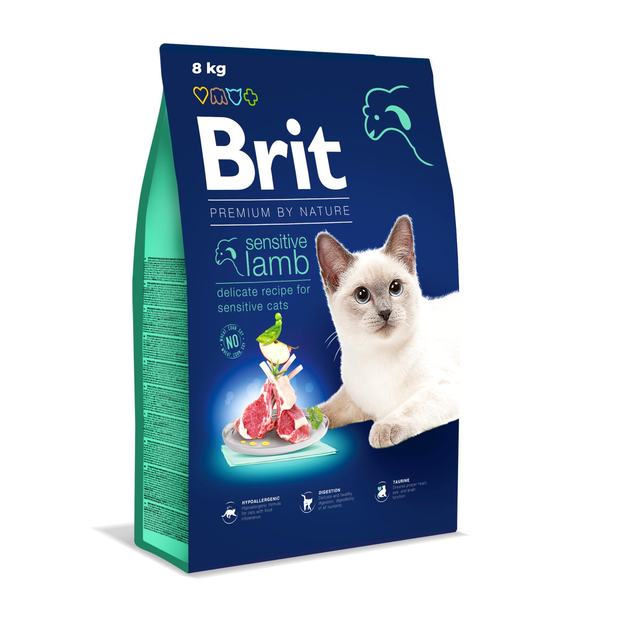 Brit Premium by Nature sucha karma dla wrażliwych kotów, hipoalergiczna karma dla kotów, smak jagnięciny, 8 kg